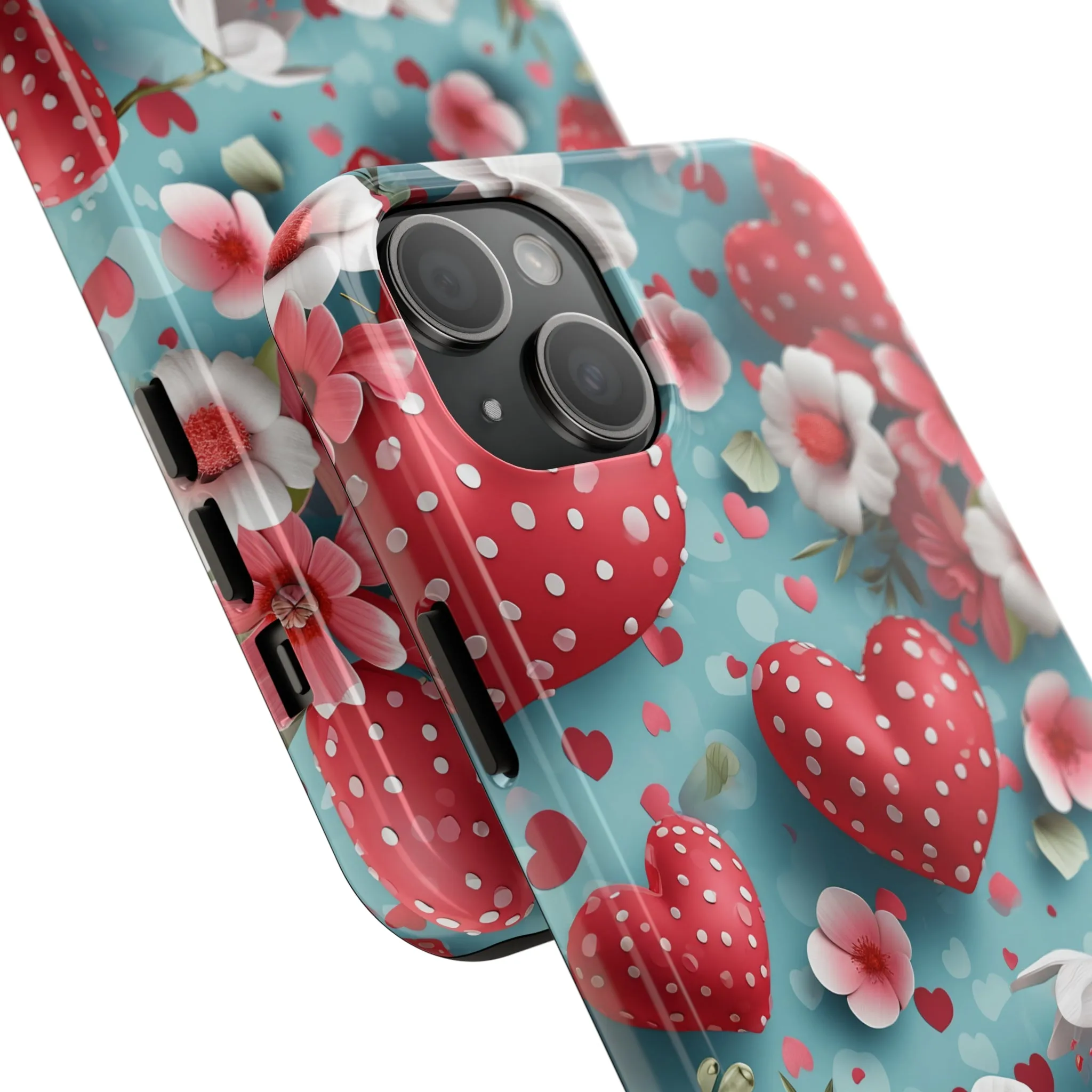 Pink White Flowers Red Hearts Digital print Design Tough Phone Case compatible with a large variety of iPhone models, Gift, Phone Case