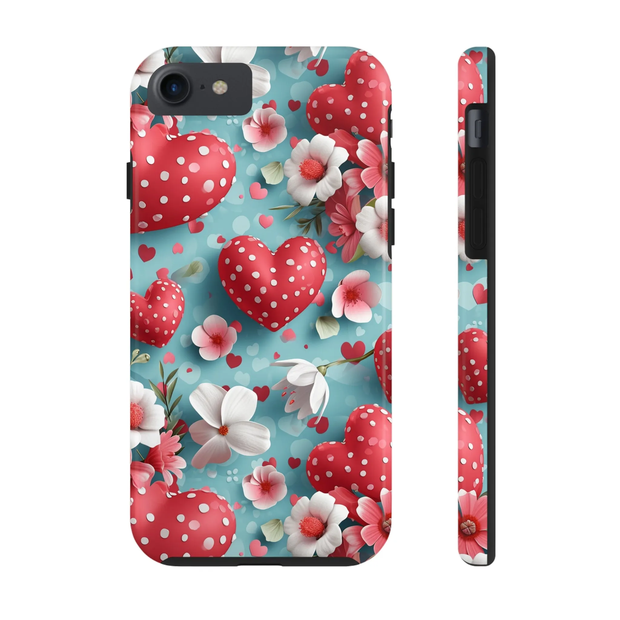 Pink White Flowers Red Hearts Digital print Design Tough Phone Case compatible with a large variety of iPhone models, Gift, Phone Case