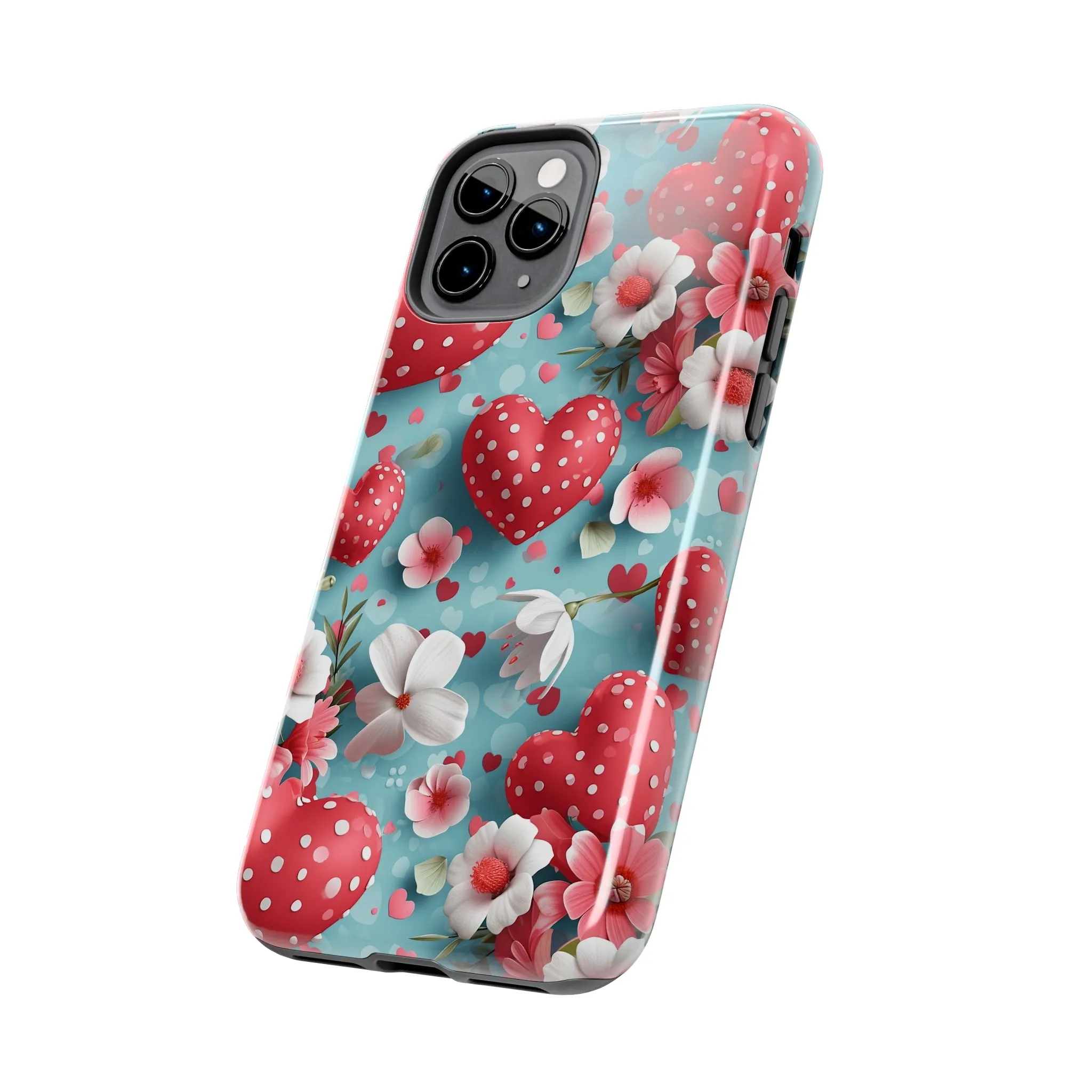 Pink White Flowers Red Hearts Digital print Design Tough Phone Case compatible with a large variety of iPhone models, Gift, Phone Case