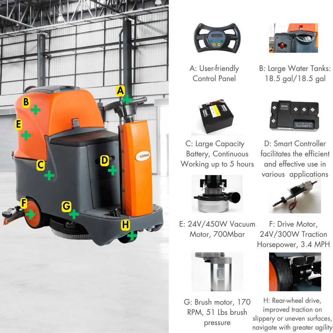 RT70  Ride-On Floor Scrubber Machine, Lithium Battery, 22" Cleaning Path, 48000 Sqft/h Working Efficiency