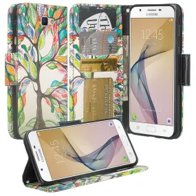 Samsung Galaxy J7 Prime 2016, G610, Galaxy On7 Case, Wrist Strap Pu Leather Magnetic Flip [Kickstand] with Slots - Colorful Tree