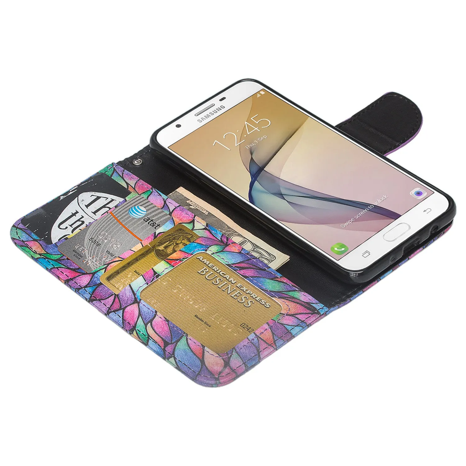 Samsung Galaxy J7 Prime 2016, G610, Galaxy On7 Case, Wrist Strap Pu Leather Magnetic Flip [Kickstand] with Slots - Rainbow Flower