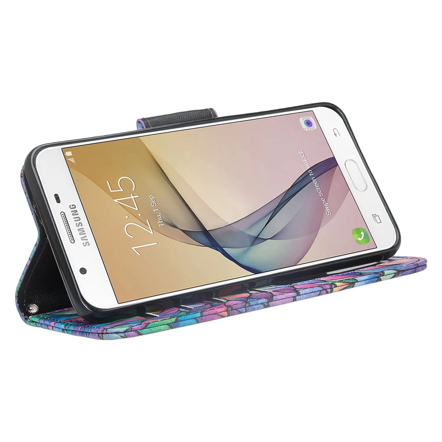 Samsung Galaxy J7 Prime 2016, G610, Galaxy On7 Case, Wrist Strap Pu Leather Magnetic Flip [Kickstand] with Slots - Rainbow Flower