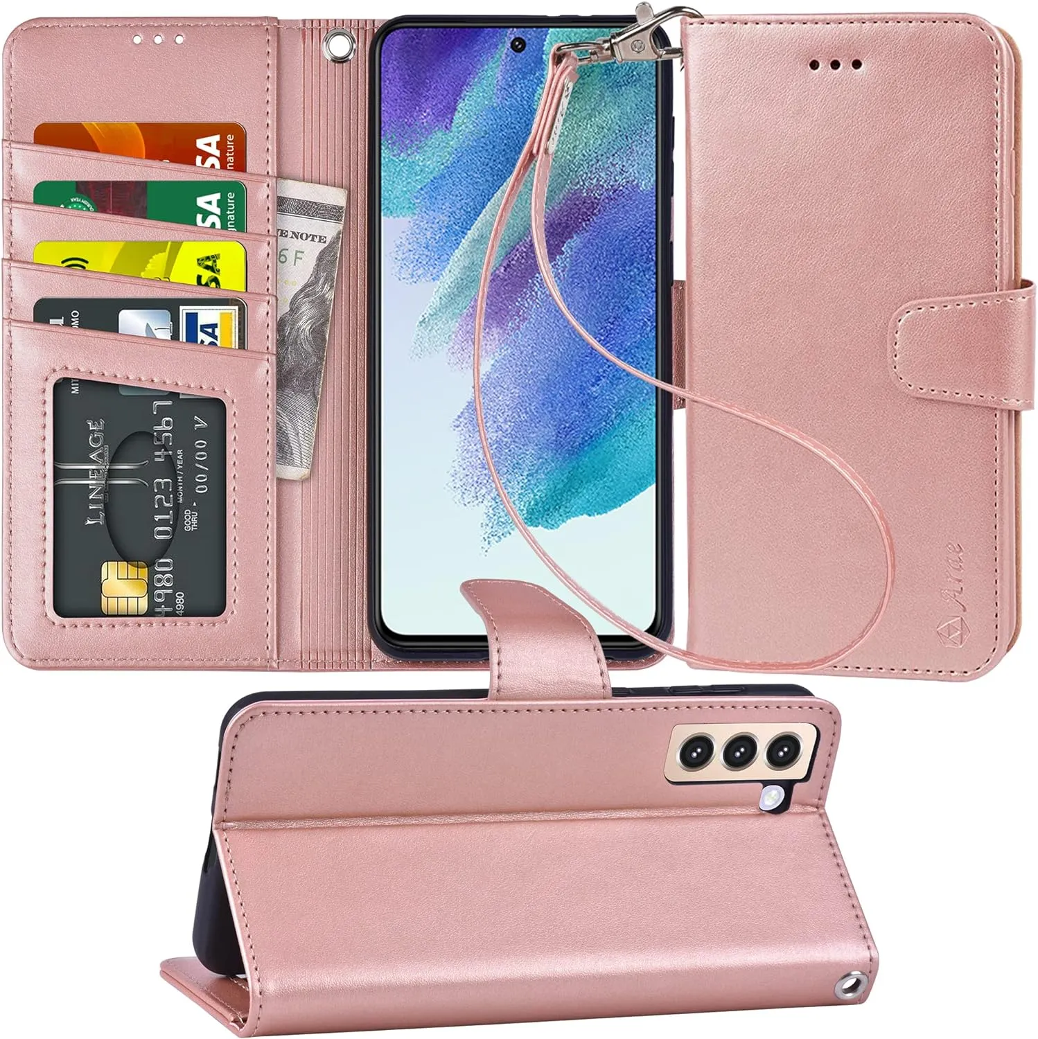 Samsung Galaxy S24 Ultra 5G Wallet Kickstand Wristlet Strap Rose Gold