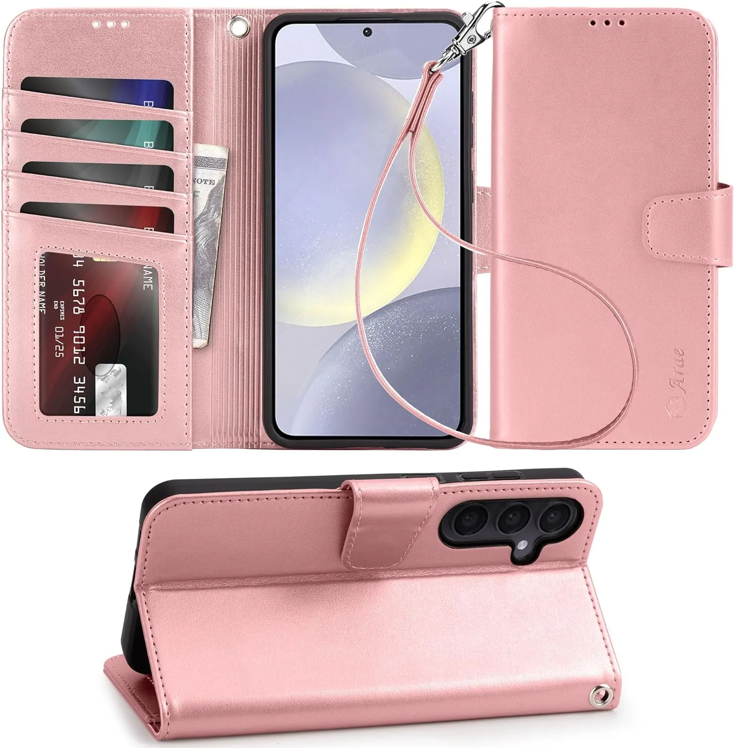 Samsung Galaxy S24 Ultra 5G Wallet Kickstand Wristlet Strap Rose Gold