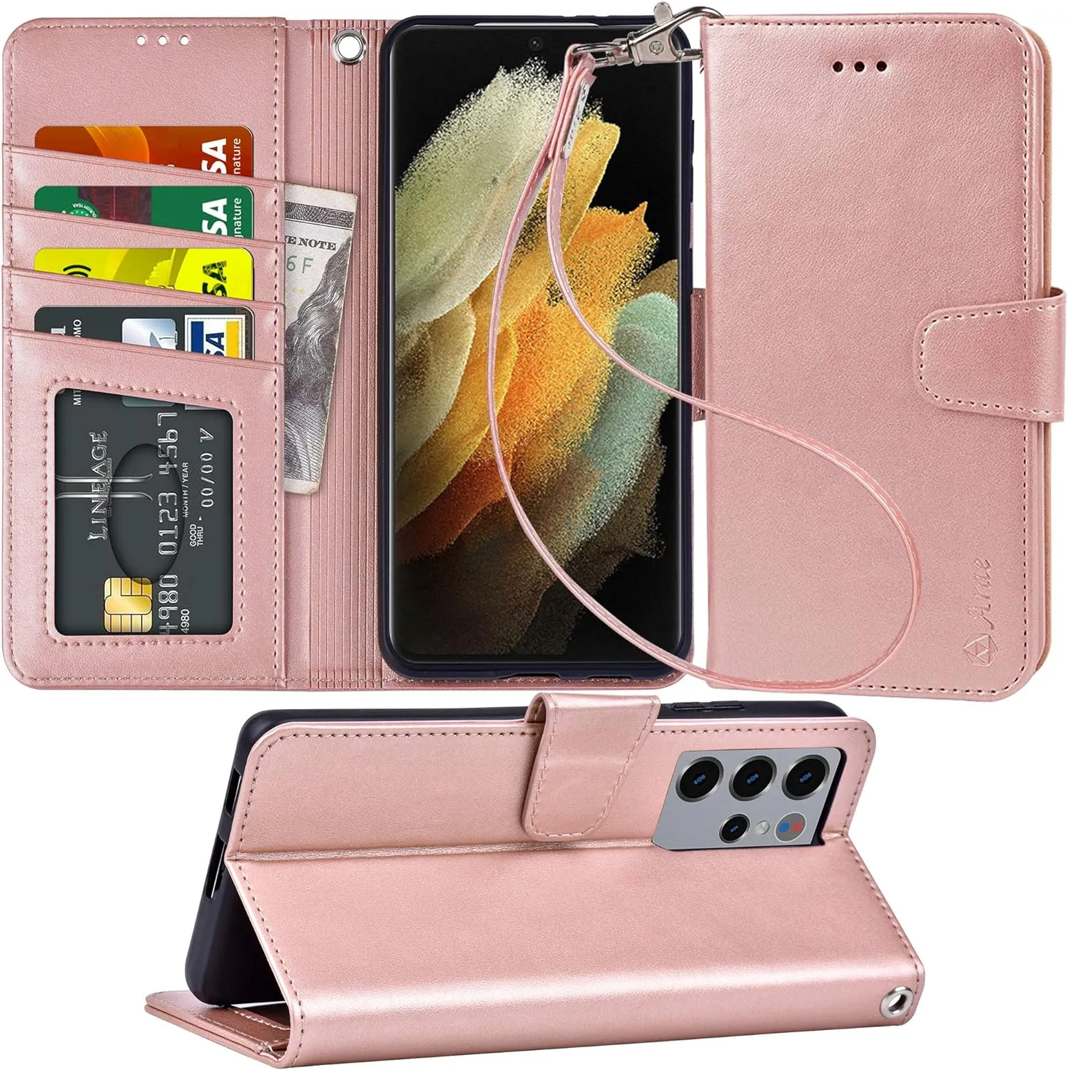 Samsung Galaxy S24 Ultra 5G Wallet Kickstand Wristlet Strap Rose Gold