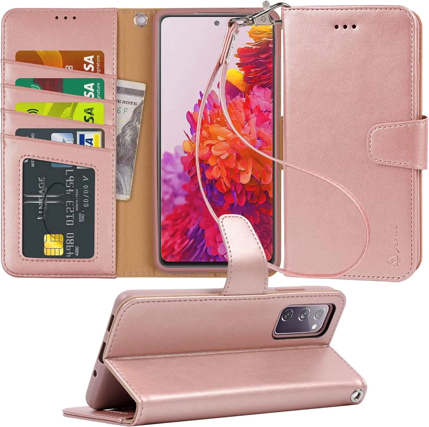 Samsung Galaxy S24 Ultra 5G Wallet Kickstand Wristlet Strap Rose Gold