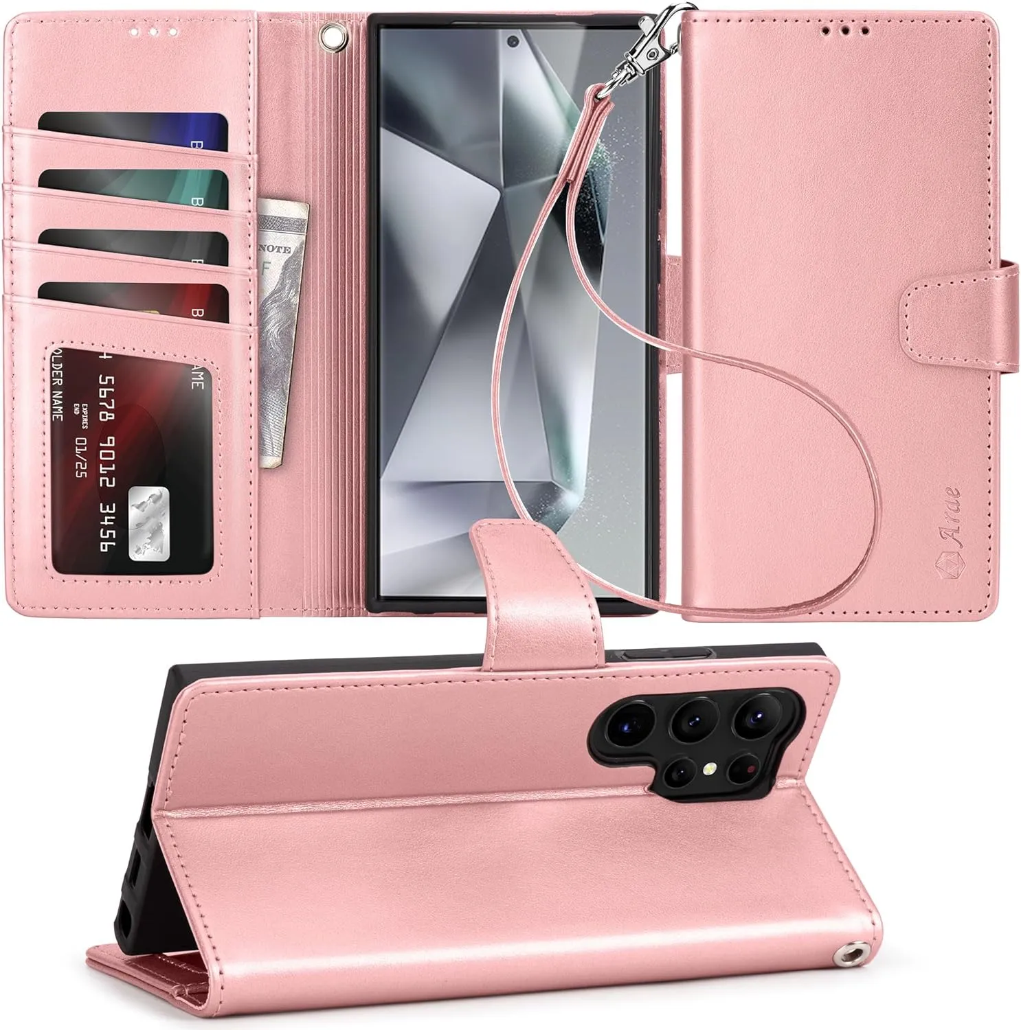 Samsung Galaxy S24 Ultra 5G Wallet Kickstand Wristlet Strap Rose Gold