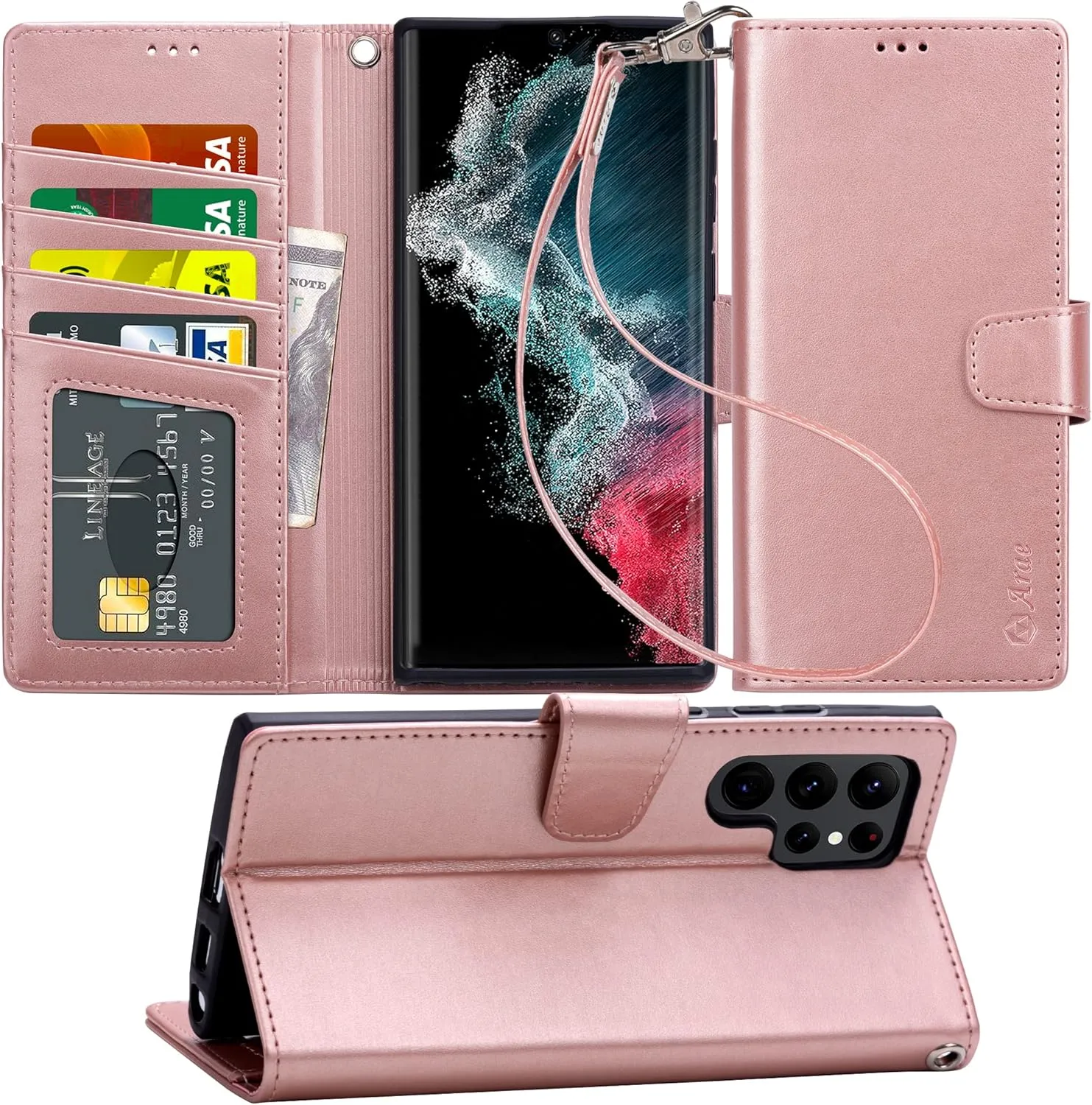 Samsung Galaxy S24 Ultra 5G Wallet Kickstand Wristlet Strap Rose Gold