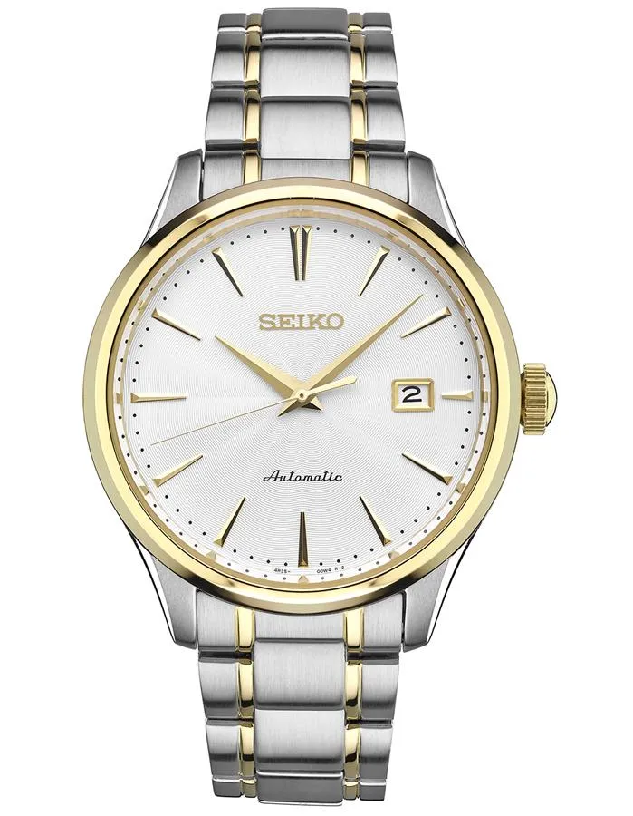 Seiko Mens Classic Automatic Dress Watch - Silver/White Dial - Two-Tone - Date