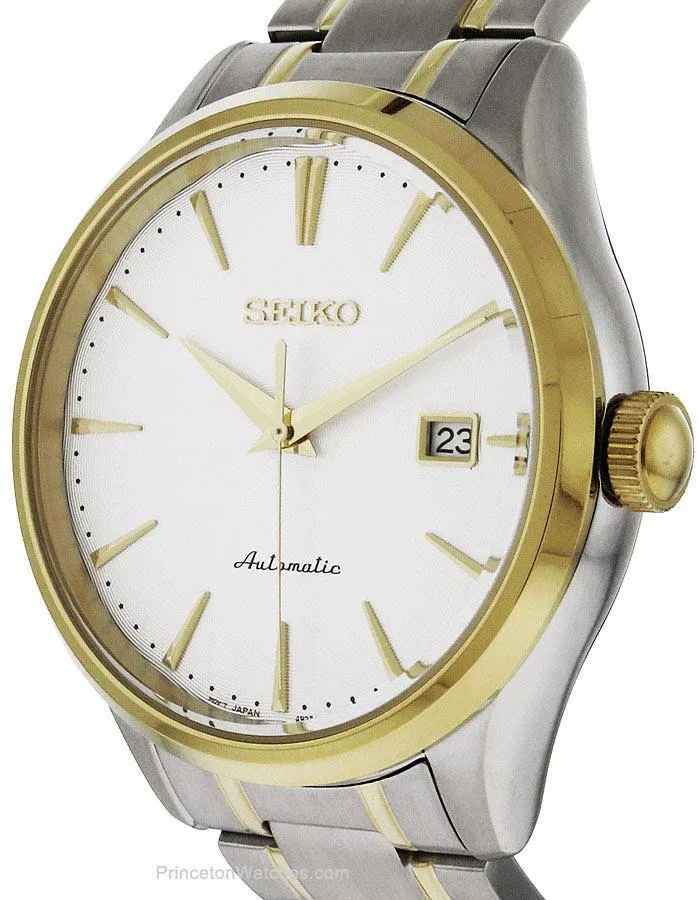 Seiko Mens Classic Automatic Dress Watch - Silver/White Dial - Two-Tone - Date