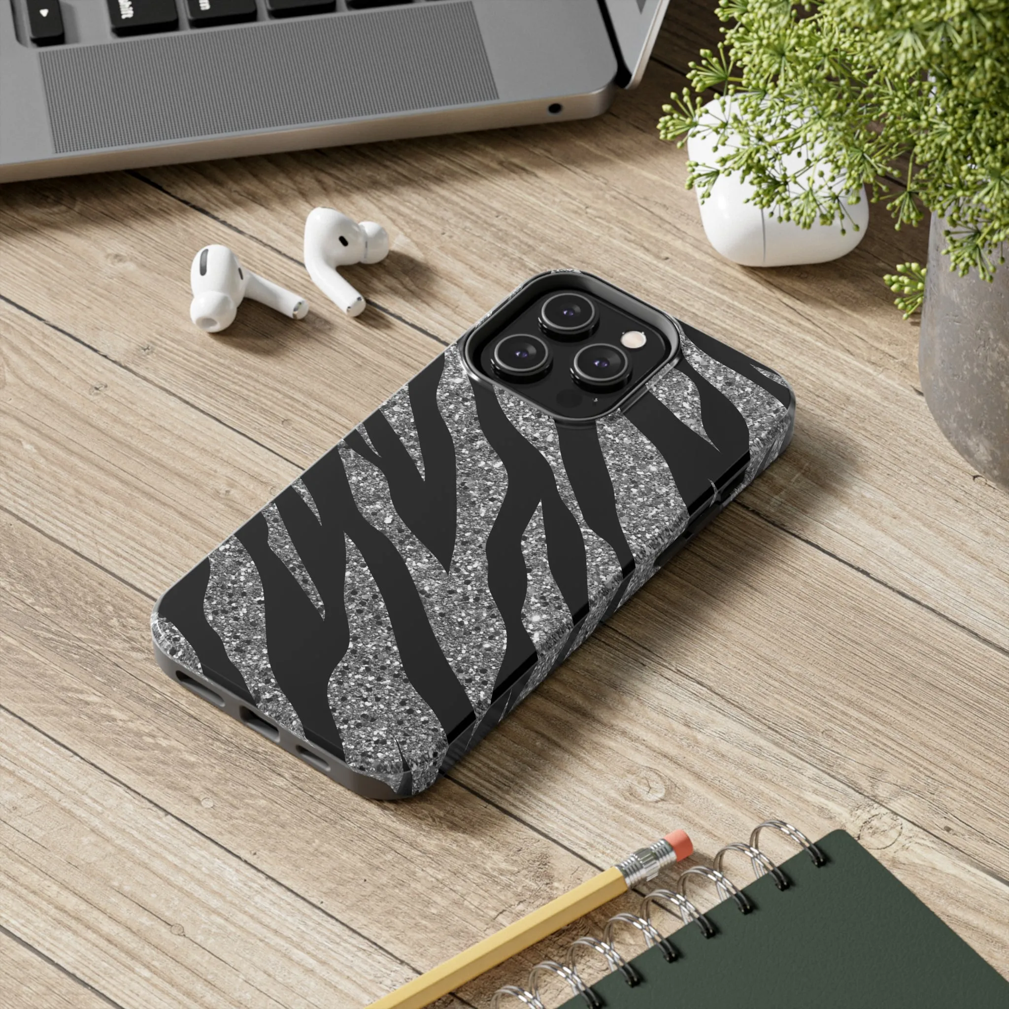 Silver and Black Zebra Print Design  Phone Case- Lightweight, Impact Resistant Cover for iPhone 6, 6s, 12, 13, 14, 15