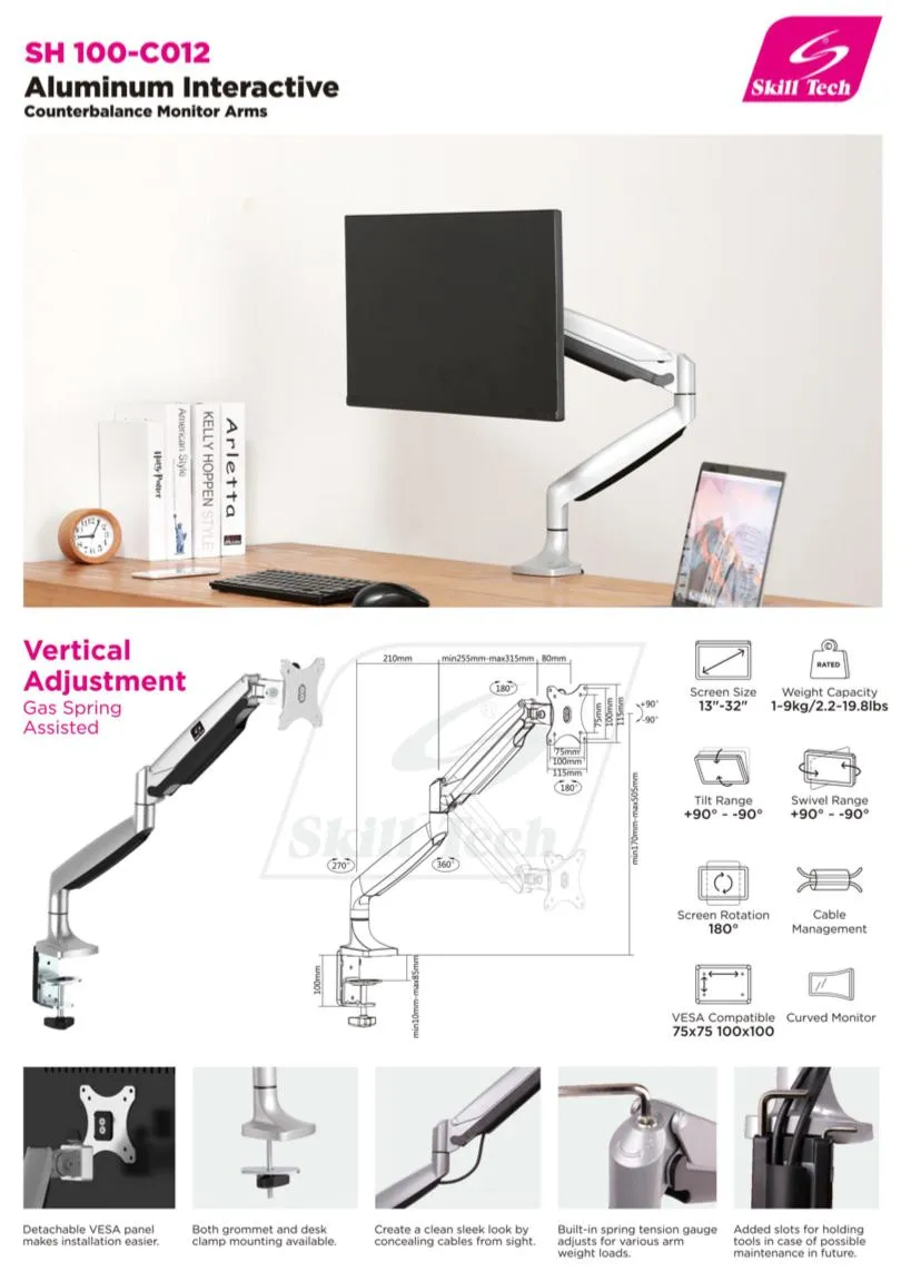 Single Monitor Gas Spring Deskmount - SH 100 C012 (Fits Most 13" ~ 32")