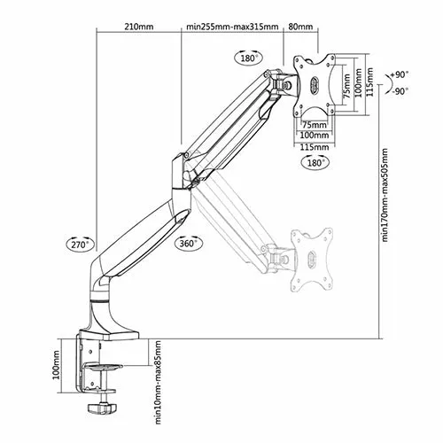 Single Monitor Gas Spring Deskmount - SH 100 C012 (Fits Most 13" ~ 32")