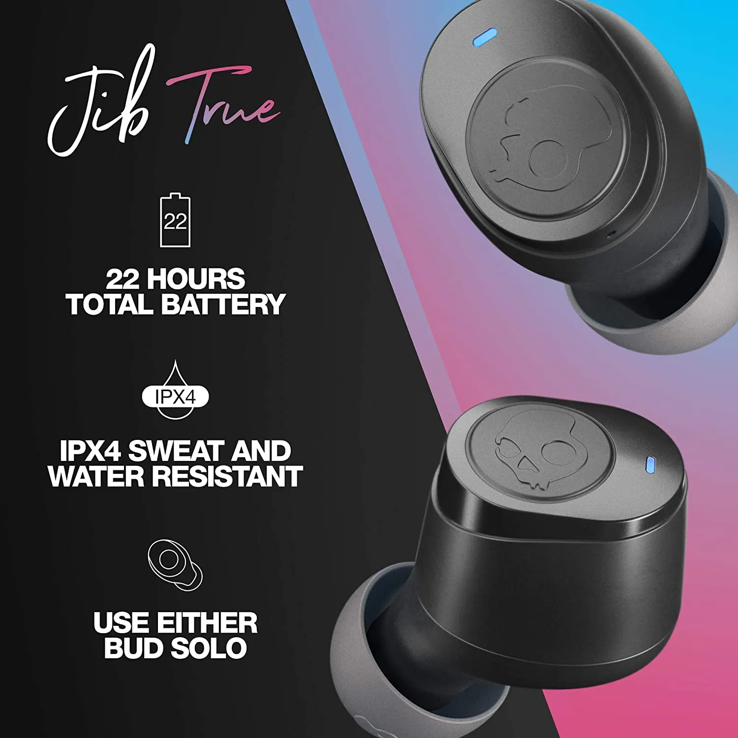 Skullcandy Jib™ True Wireless Earbuds, Charging Case, Ear Gels (S, M, L), Micro-USB Charging Cable, User Guide