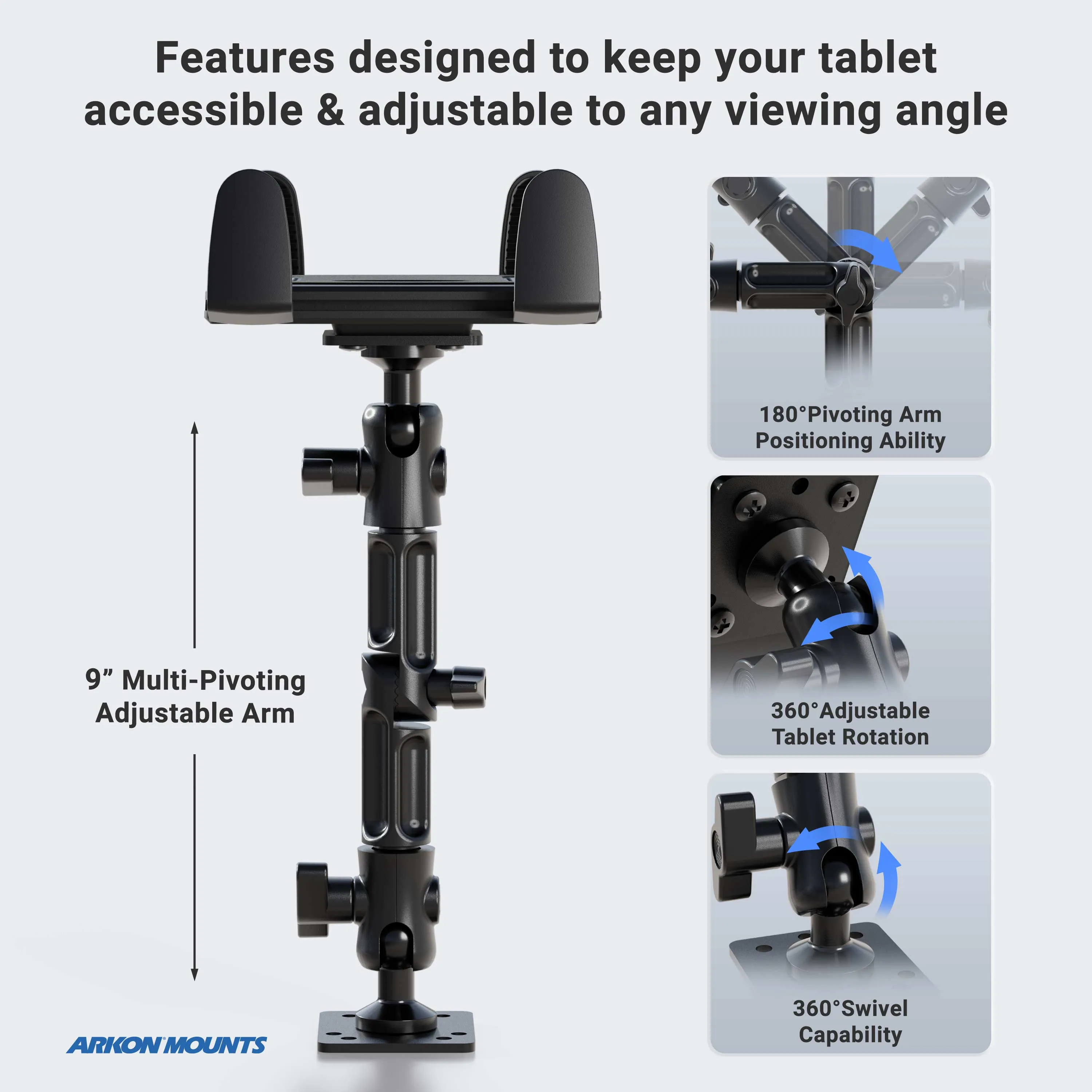 Slim-Grip® Tablet Holder with Drill-Base Mount and 8" Multi-Angle Arm