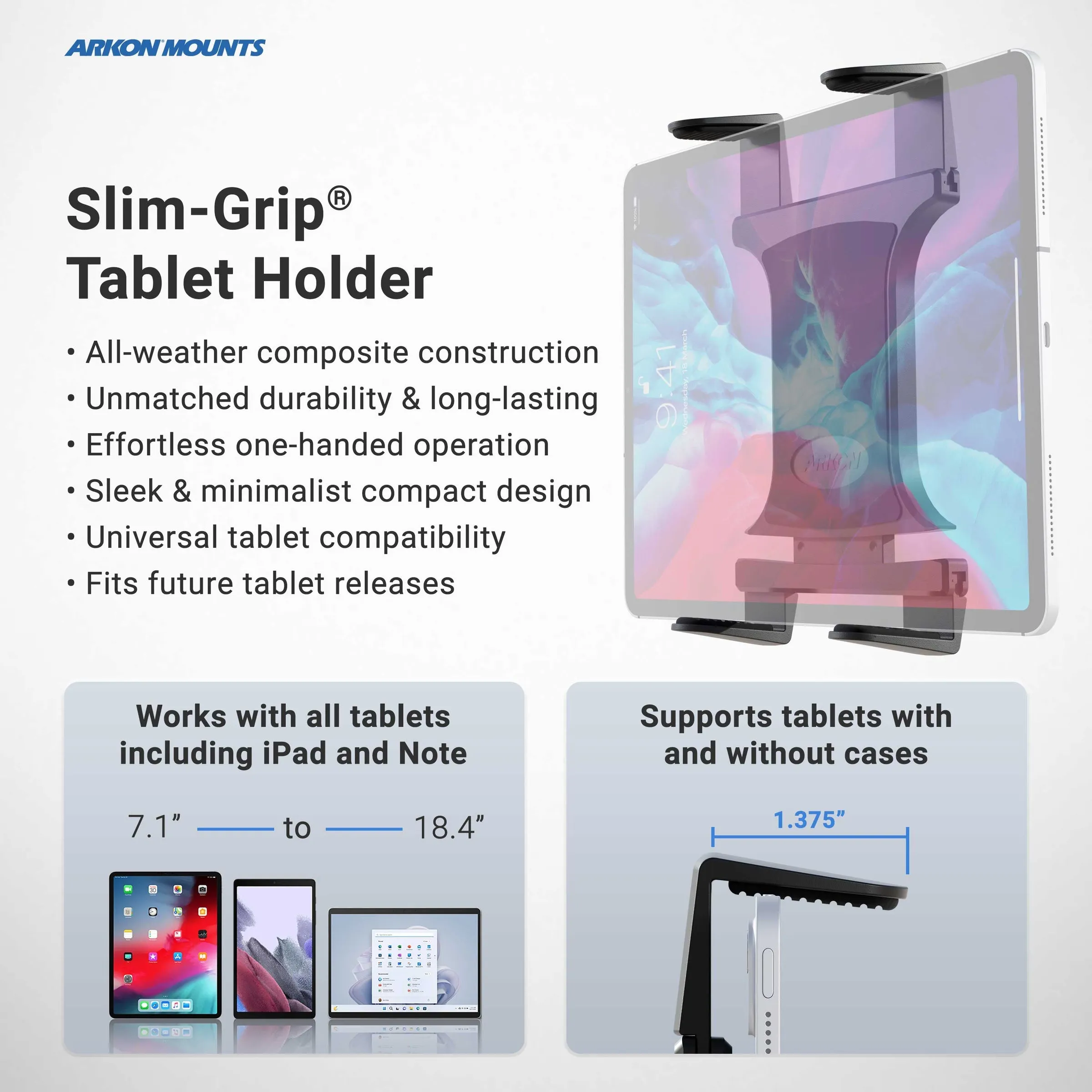 Slim-Grip® Tablet Holder with Drill-Base Mount and 8" Multi-Angle Arm