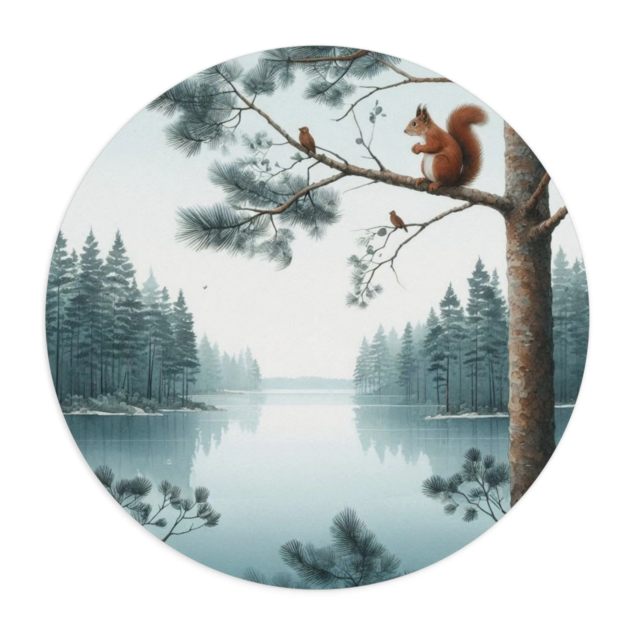 squirrel in a tree by a lake in the forest with watercolour effect Mouse Pad