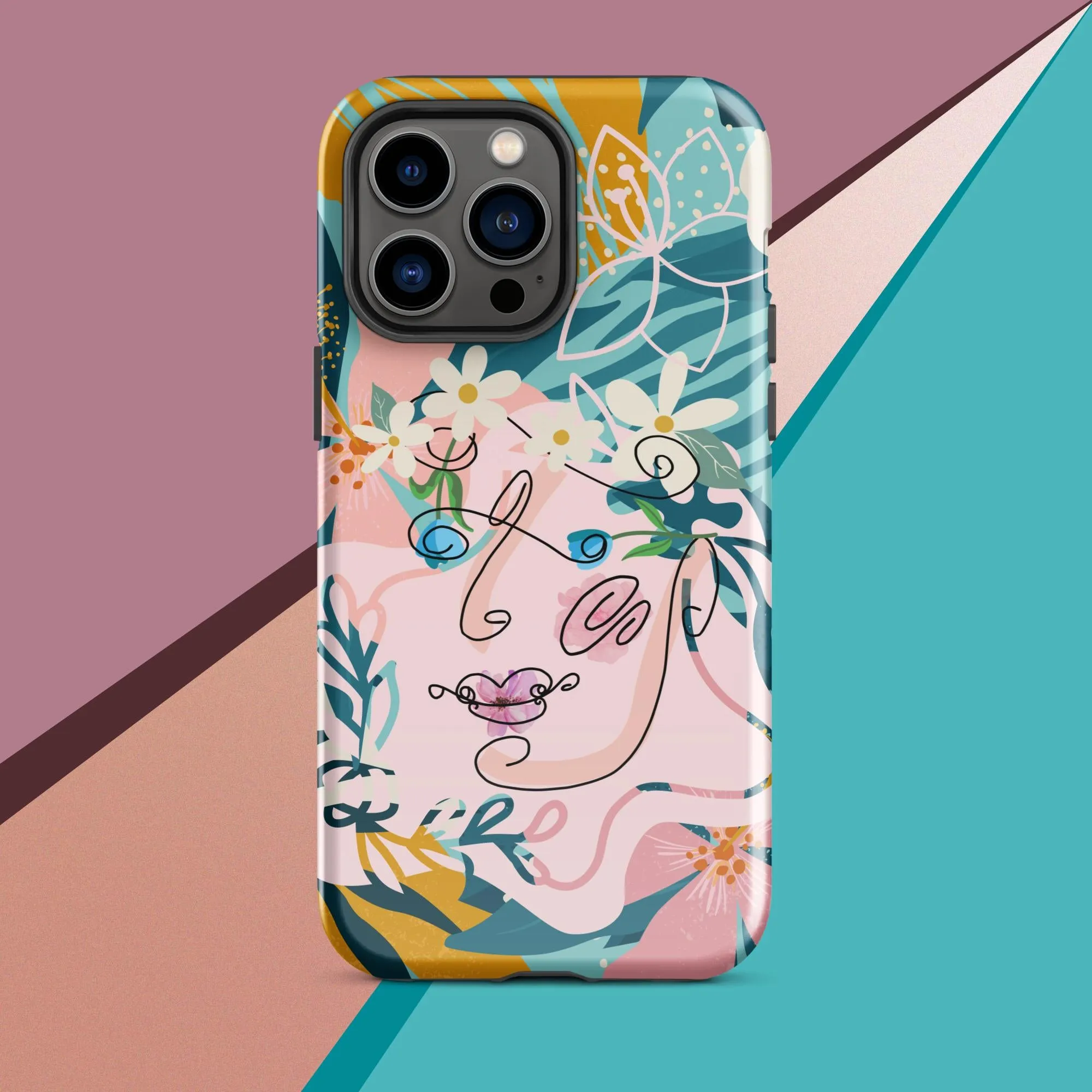 Tough Case for iPhone® - "Suzanne," Line Art with Colored Flower Components