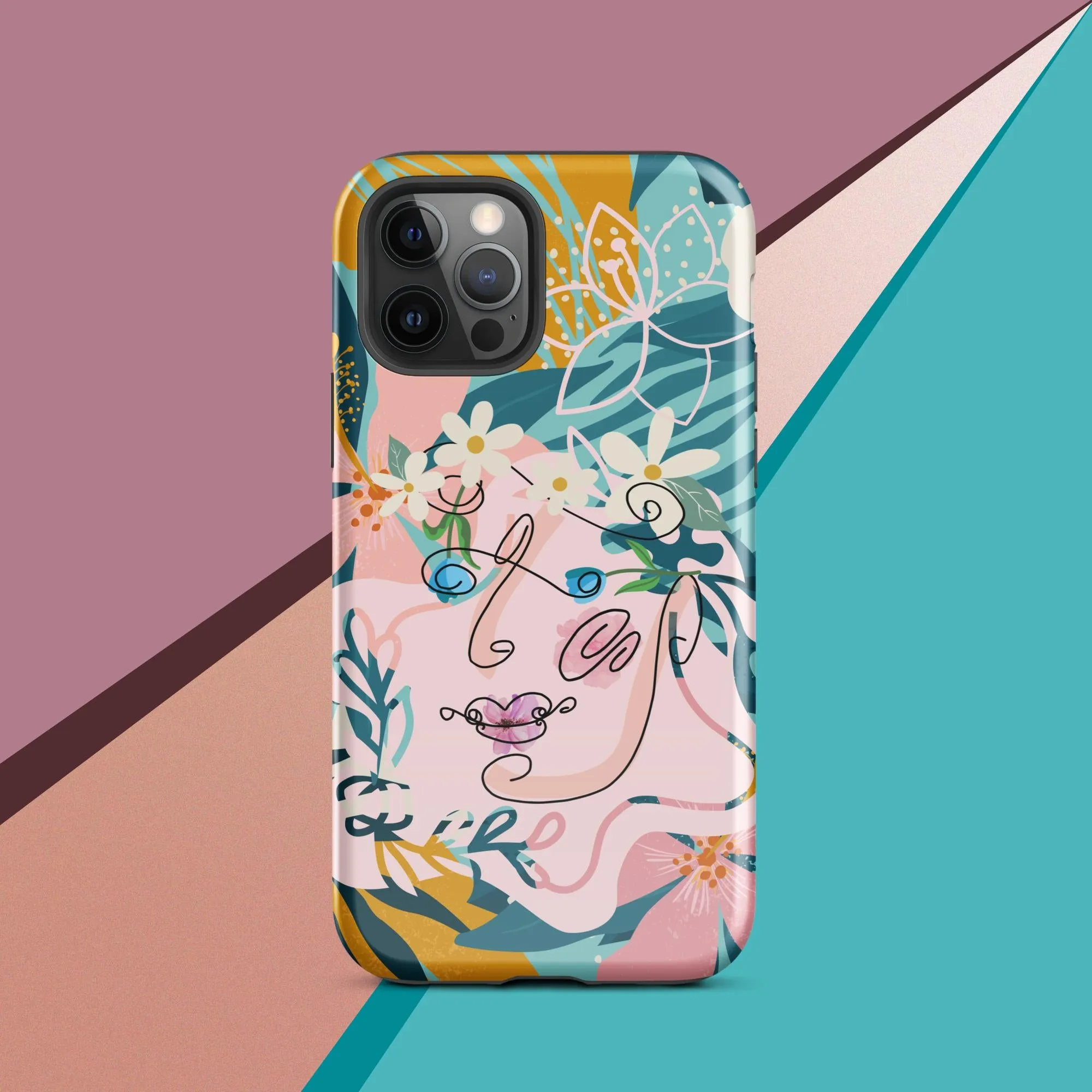 Tough Case for iPhone® - "Suzanne," Line Art with Colored Flower Components