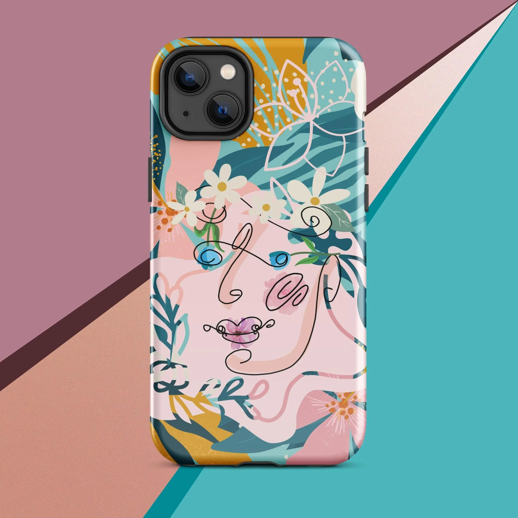 Tough Case for iPhone® - "Suzanne," Line Art with Colored Flower Components