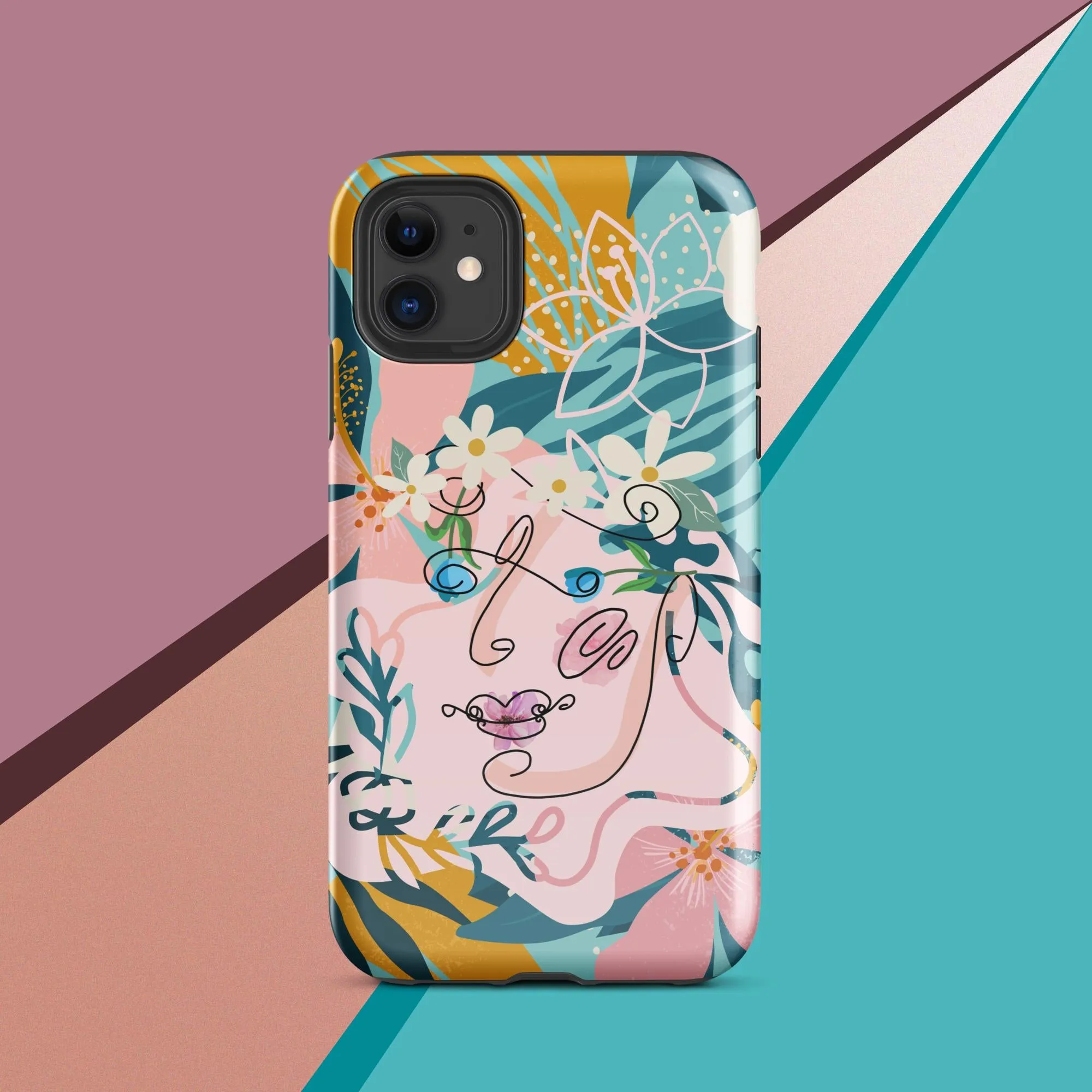 Tough Case for iPhone® - "Suzanne," Line Art with Colored Flower Components