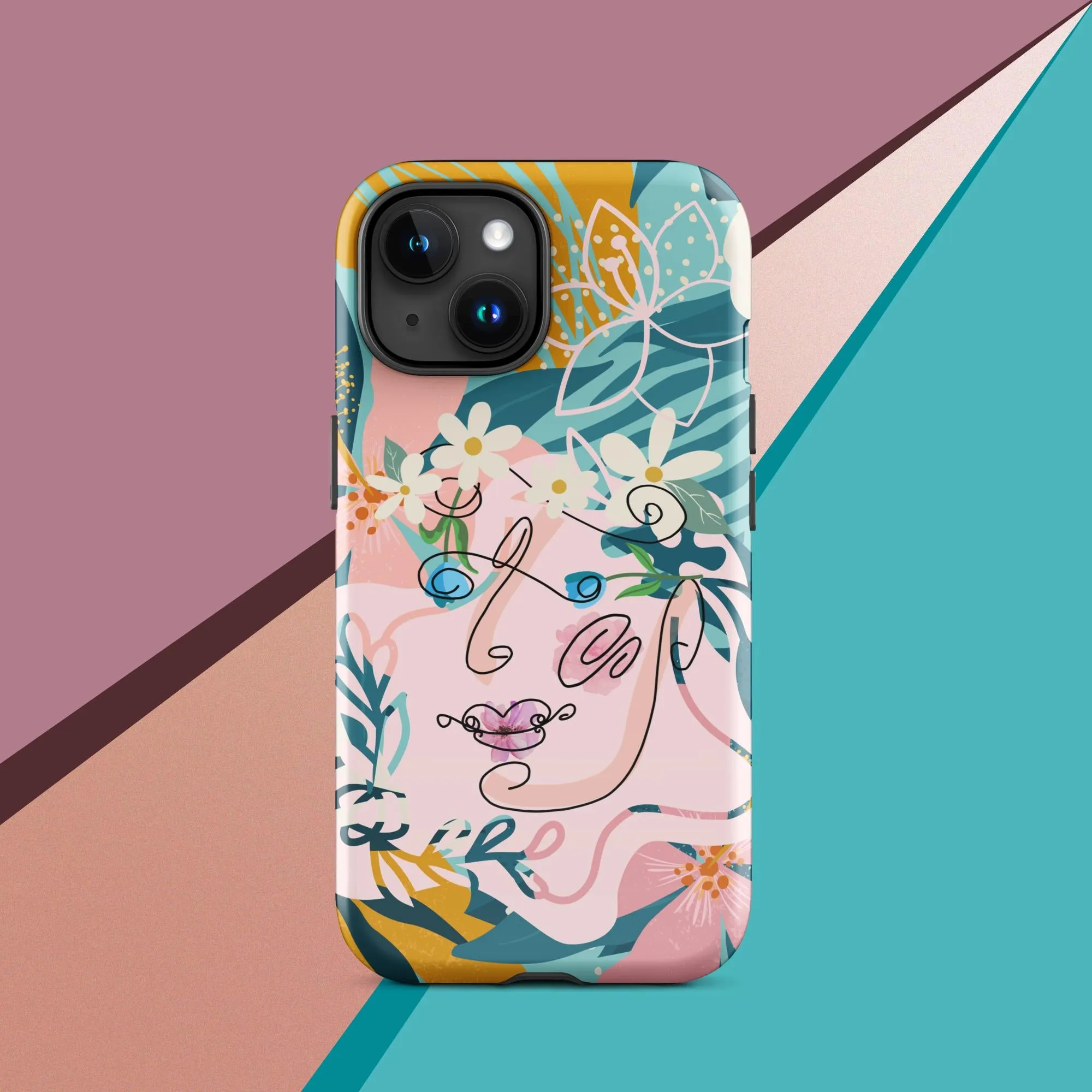 Tough Case for iPhone® - "Suzanne," Line Art with Colored Flower Components