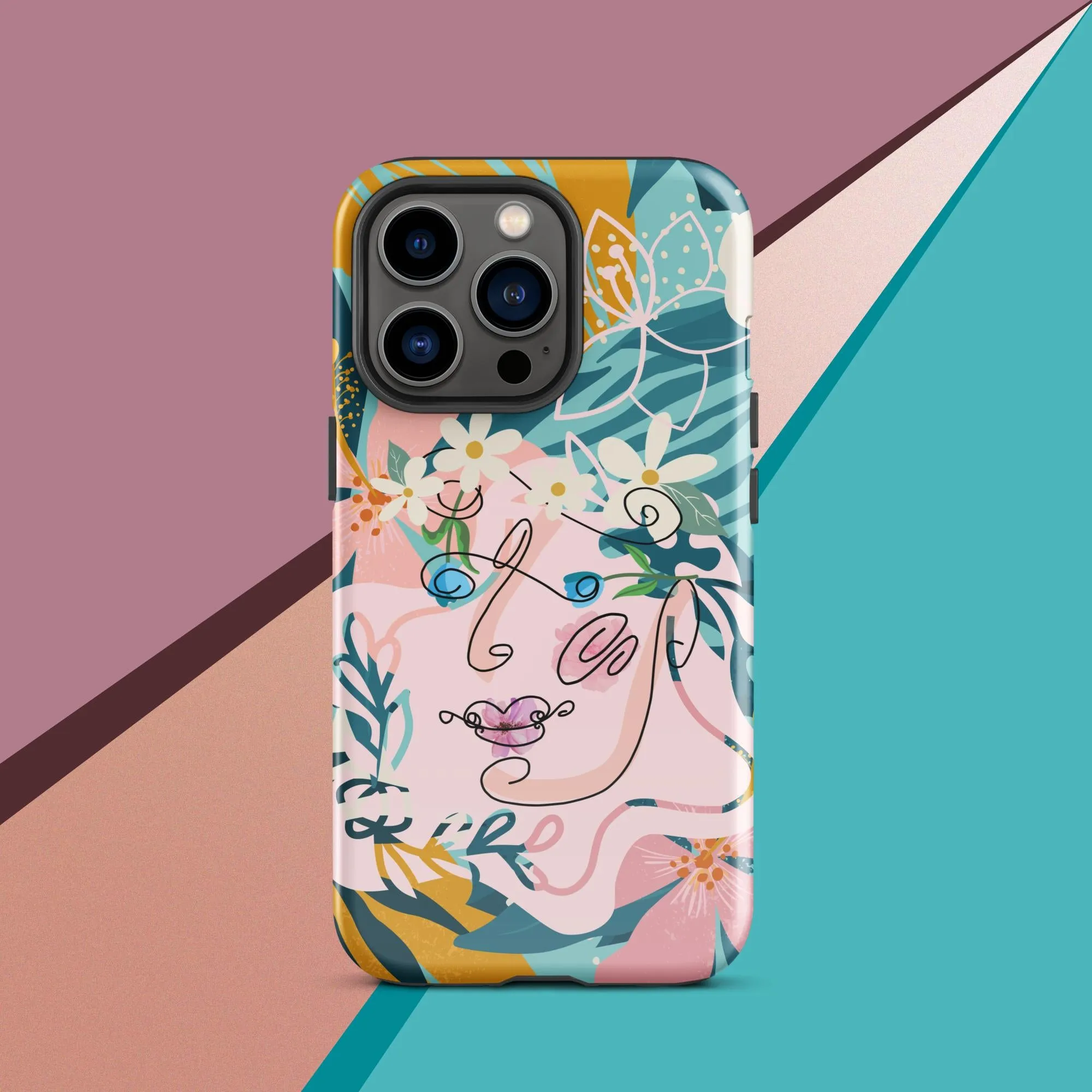 Tough Case for iPhone® - "Suzanne," Line Art with Colored Flower Components