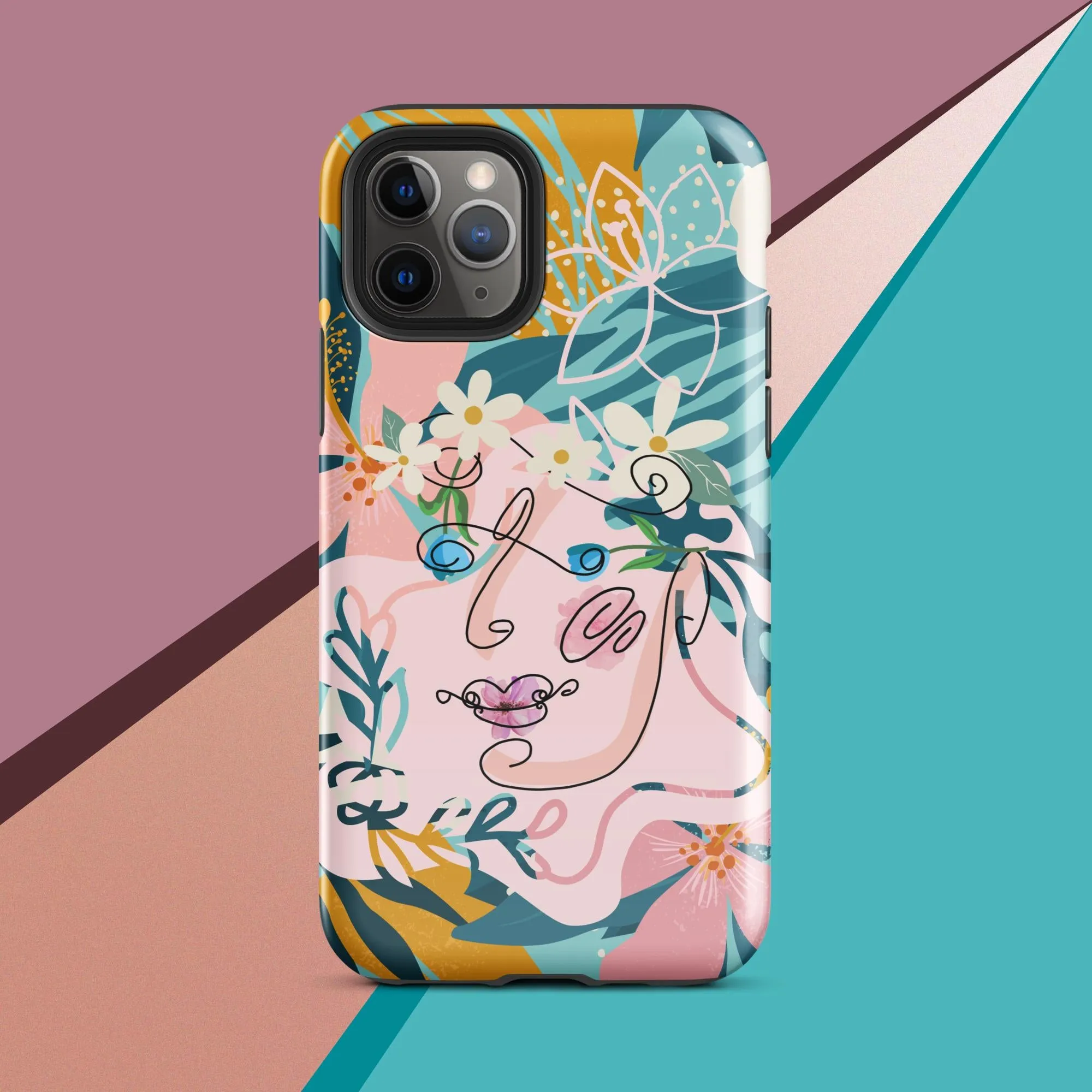 Tough Case for iPhone® - "Suzanne," Line Art with Colored Flower Components