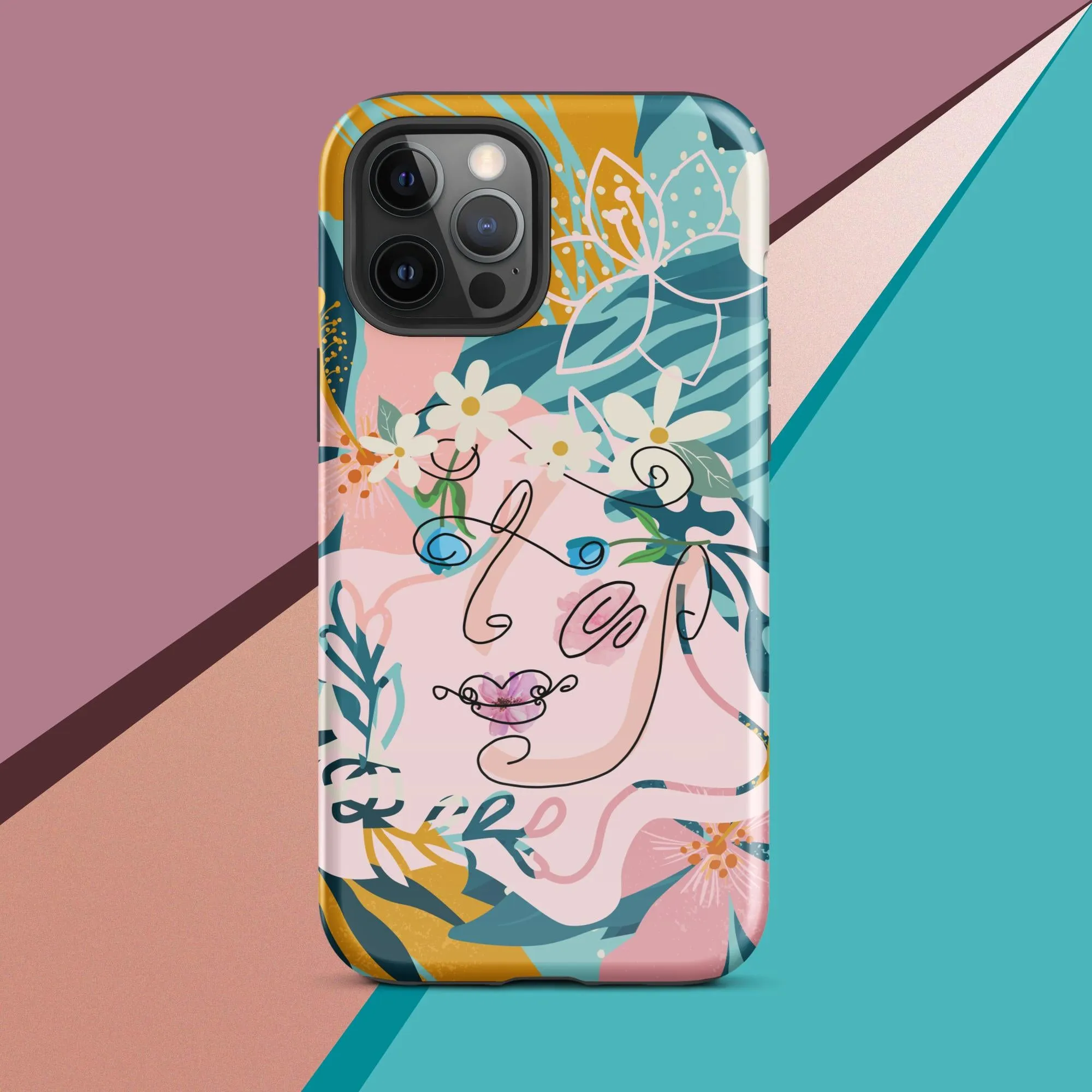 Tough Case for iPhone® - "Suzanne," Line Art with Colored Flower Components