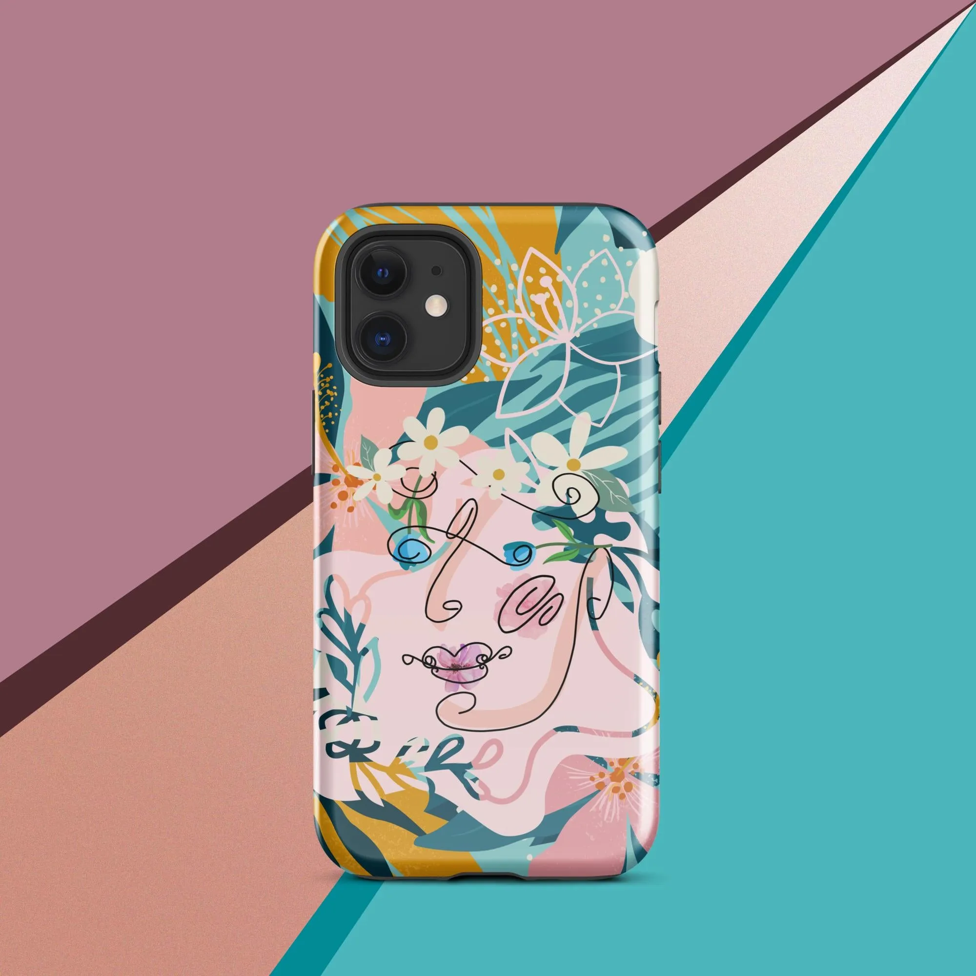 Tough Case for iPhone® - "Suzanne," Line Art with Colored Flower Components