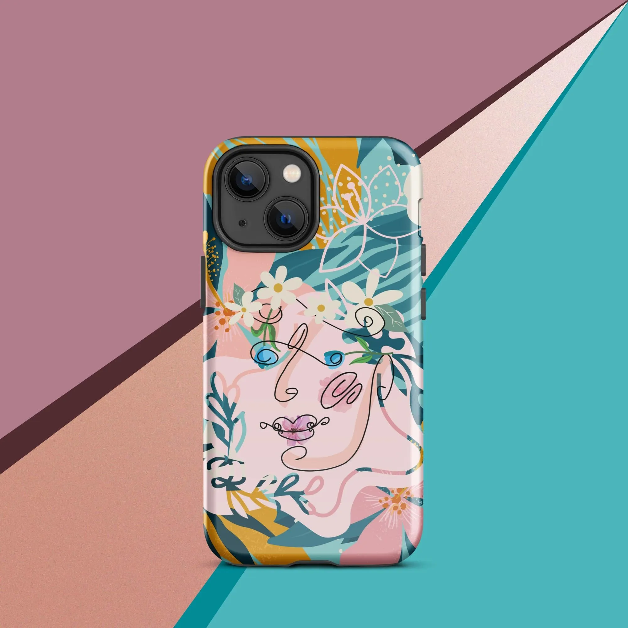 Tough Case for iPhone® - "Suzanne," Line Art with Colored Flower Components