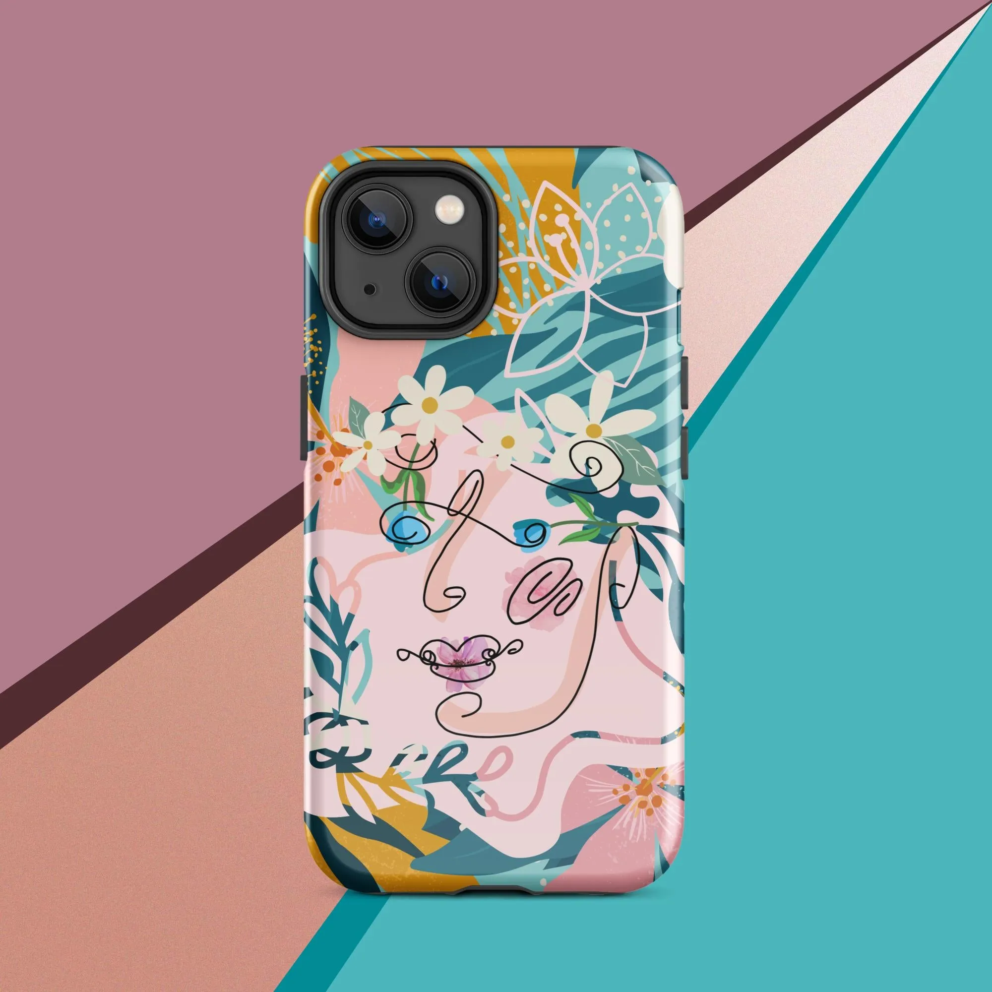 Tough Case for iPhone® - "Suzanne," Line Art with Colored Flower Components