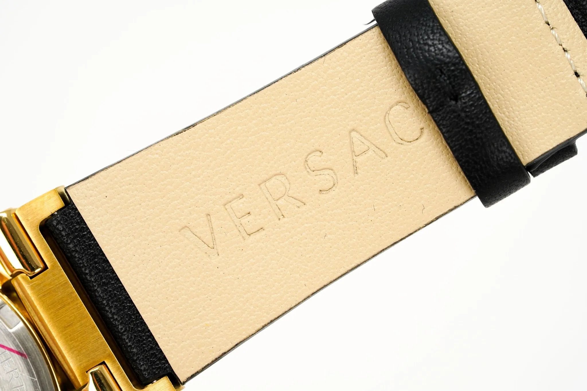 Versace Ladies Watch Greca Logo Gold Black Leather VEVH00320