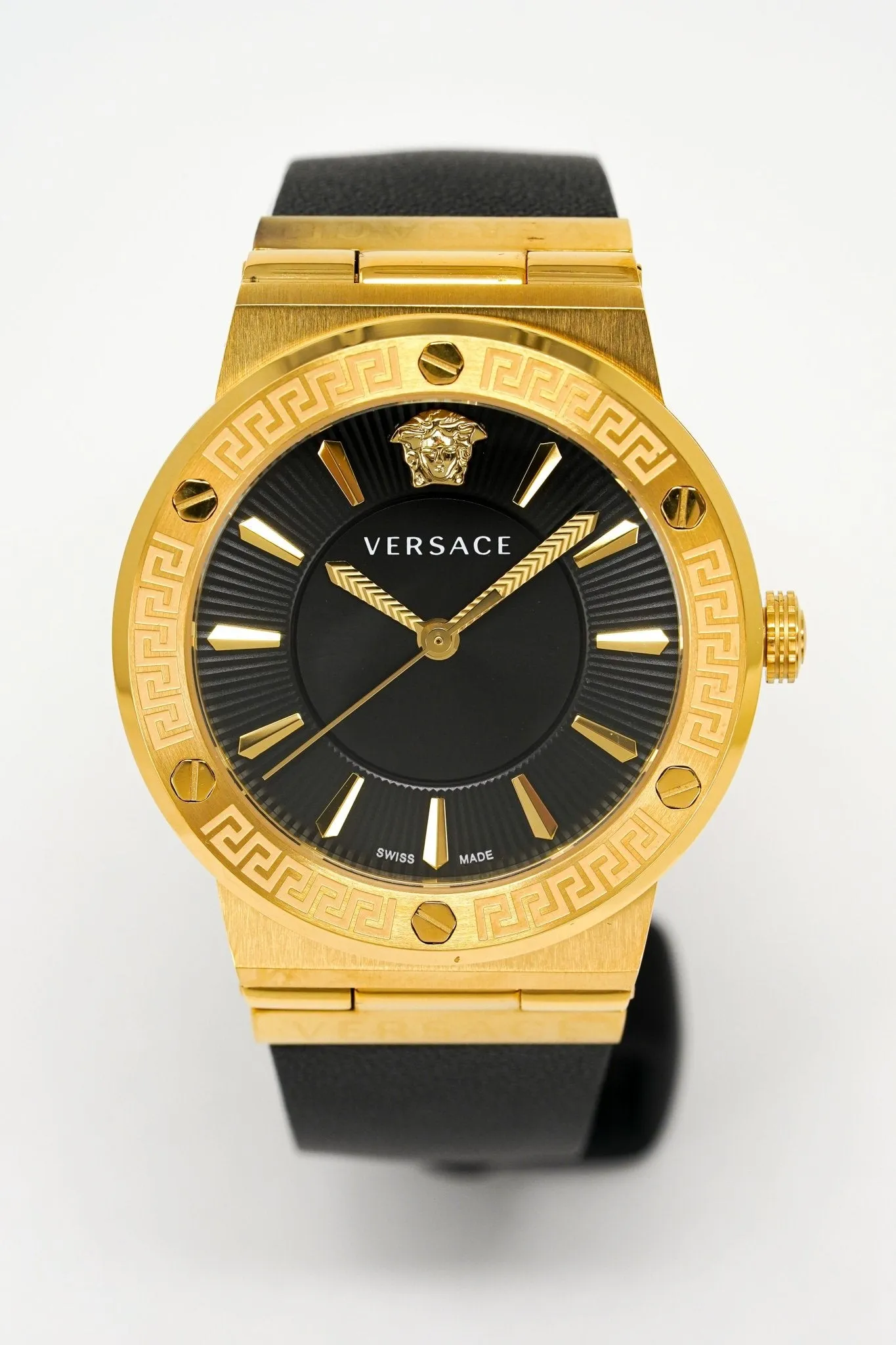 Versace Ladies Watch Greca Logo Gold Black Leather VEVH00320