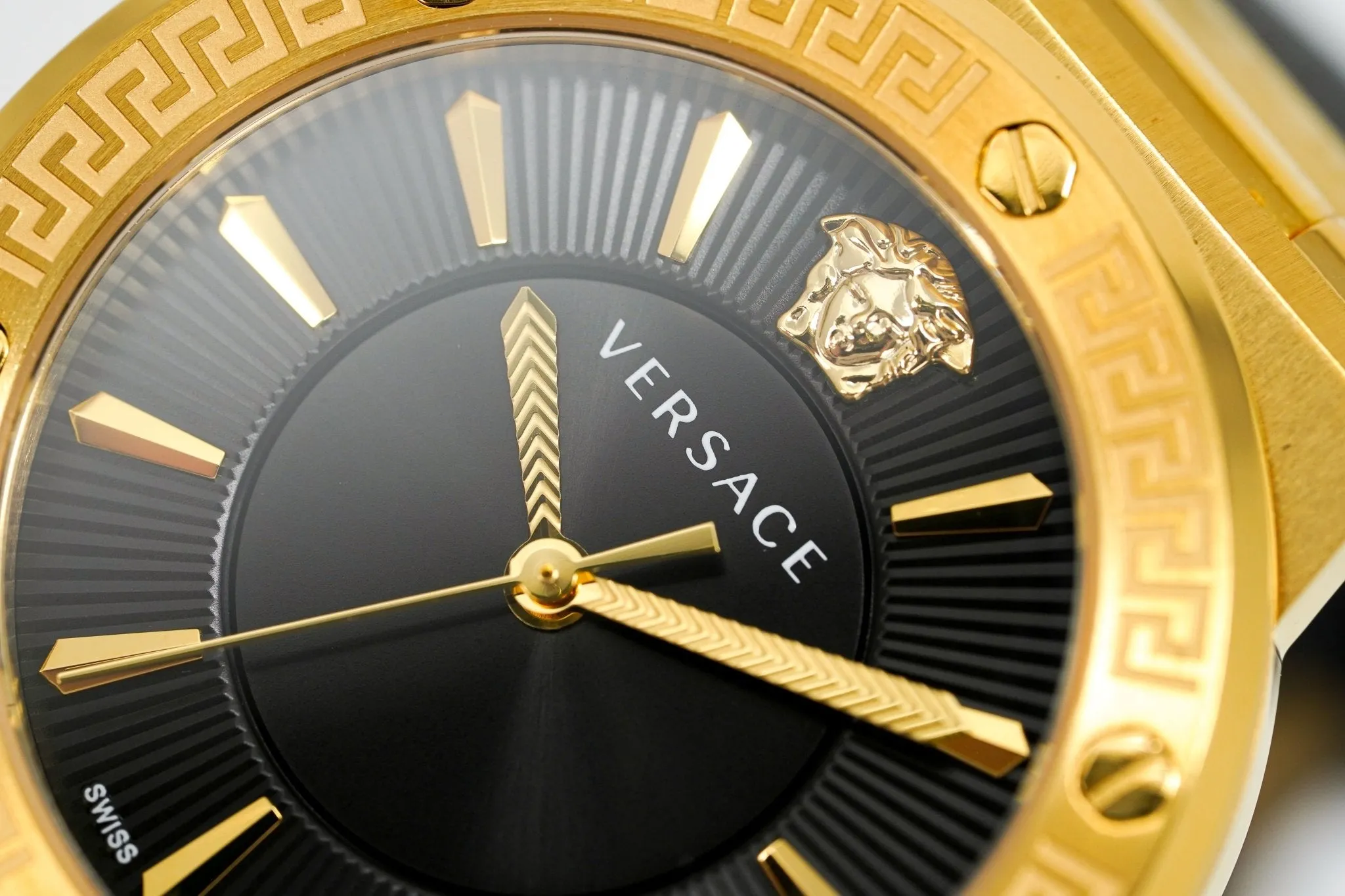 Versace Ladies Watch Greca Logo Gold Black Leather VEVH00320