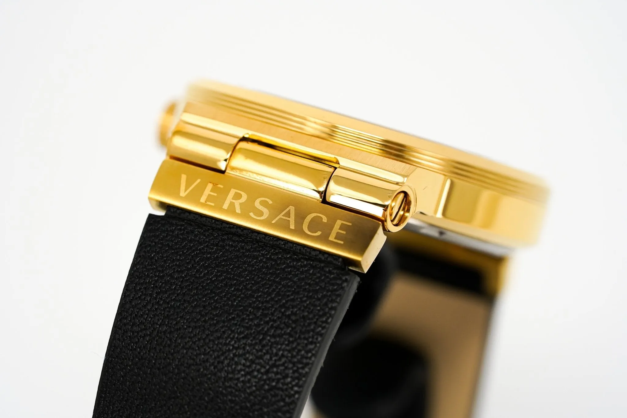 Versace Ladies Watch Greca Logo Gold Black Leather VEVH00320