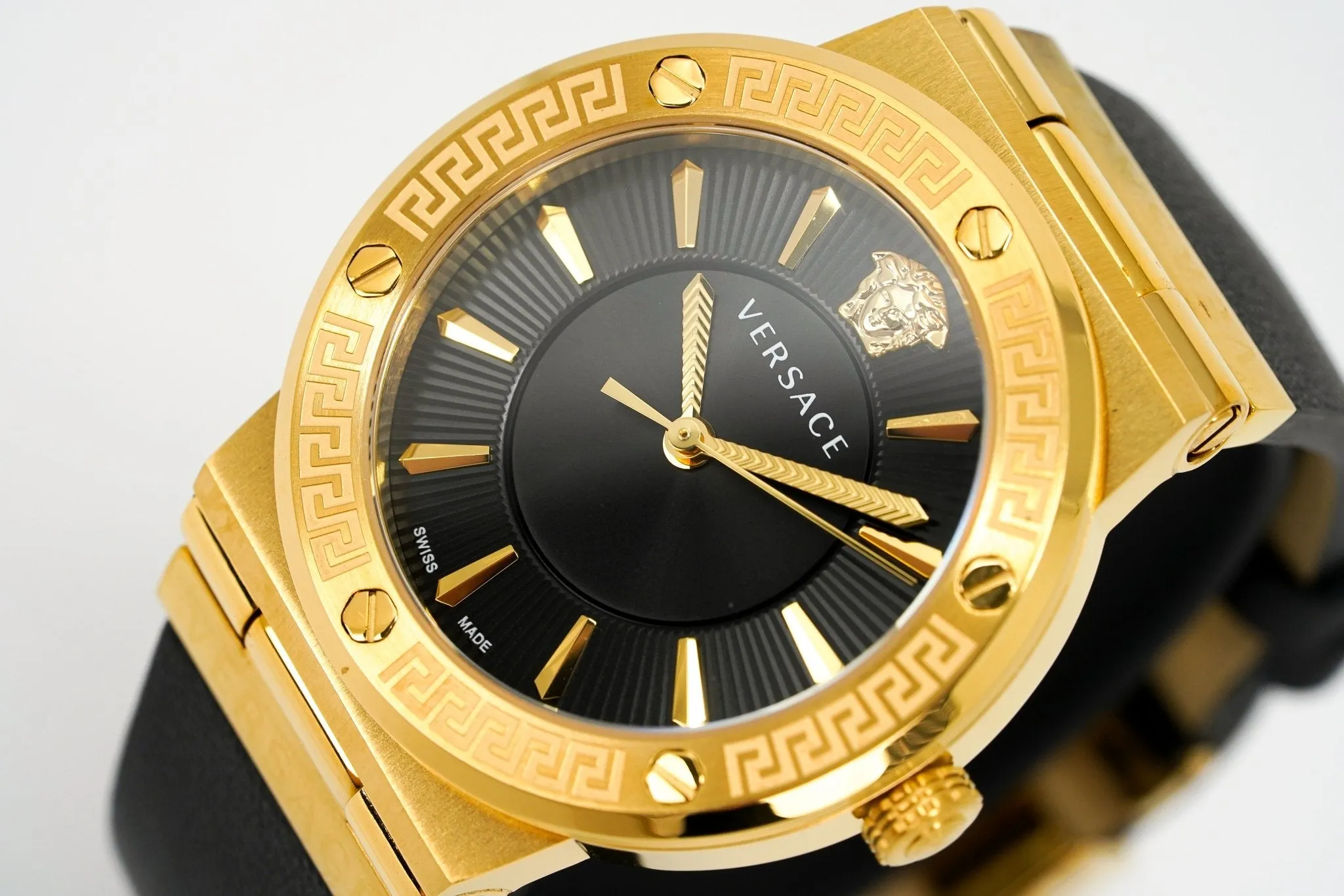 Versace Ladies Watch Greca Logo Gold Black Leather VEVH00320