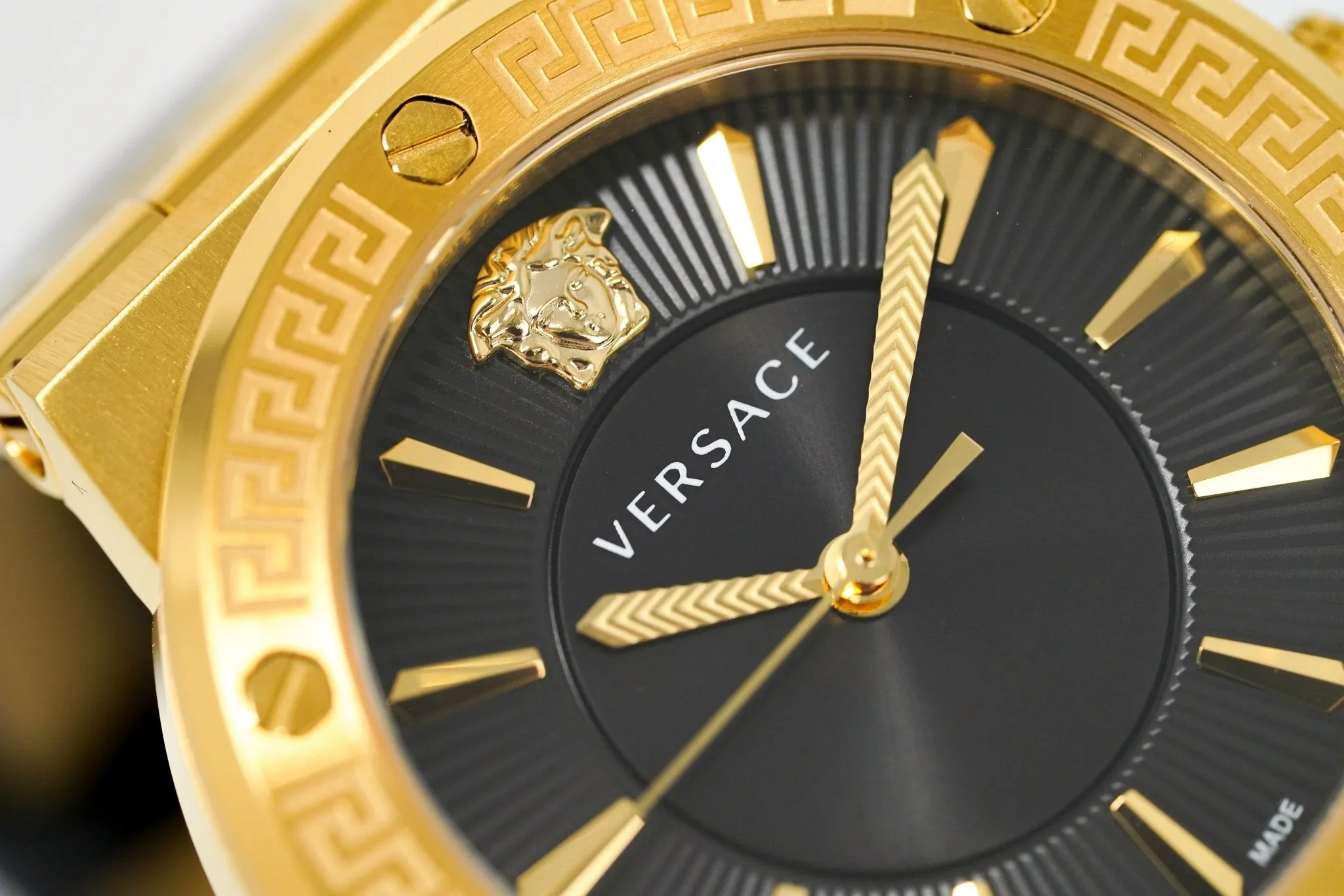 Versace Ladies Watch Greca Logo Gold Black Leather VEVH00320