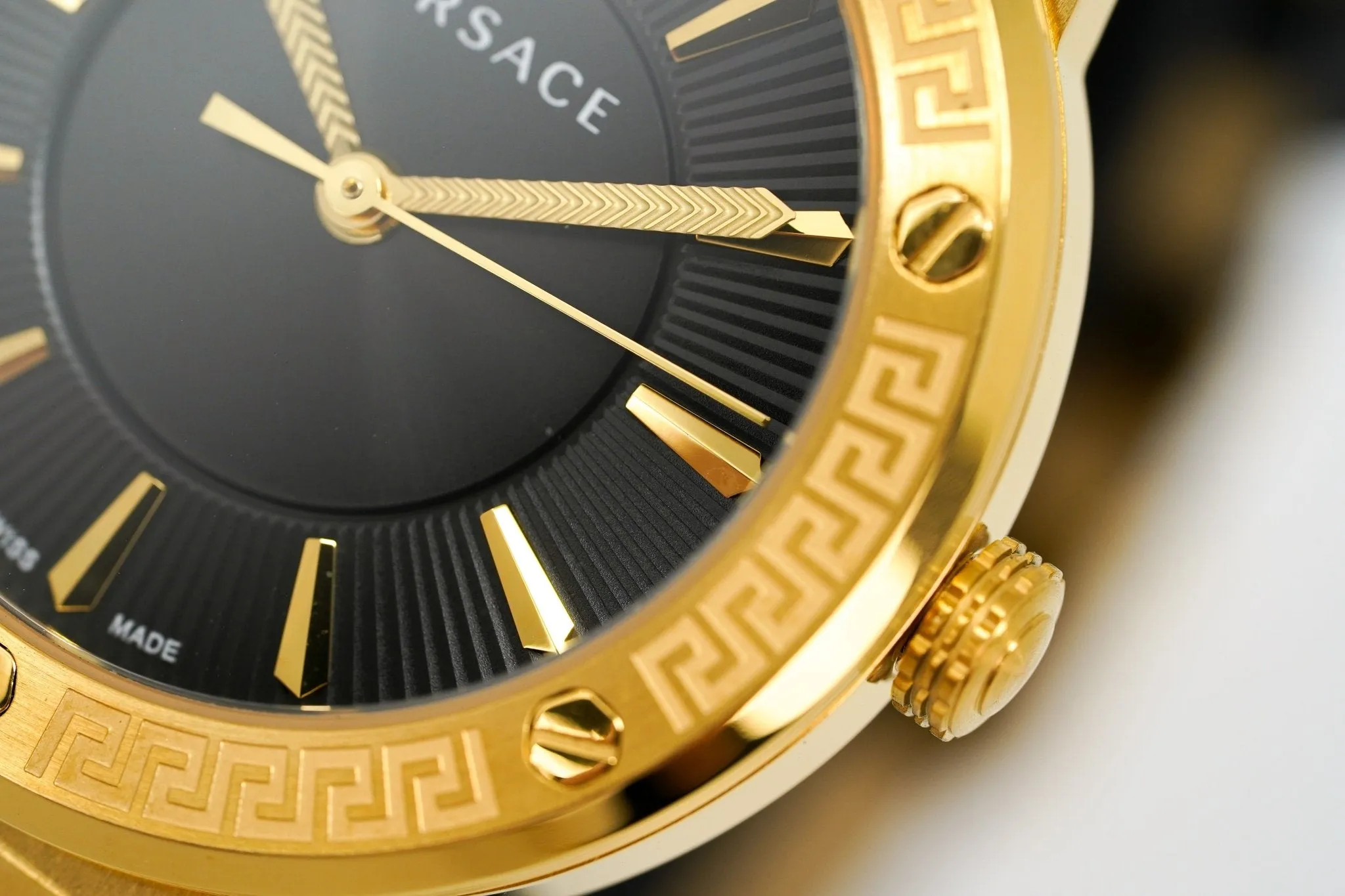 Versace Ladies Watch Greca Logo Gold Black Leather VEVH00320