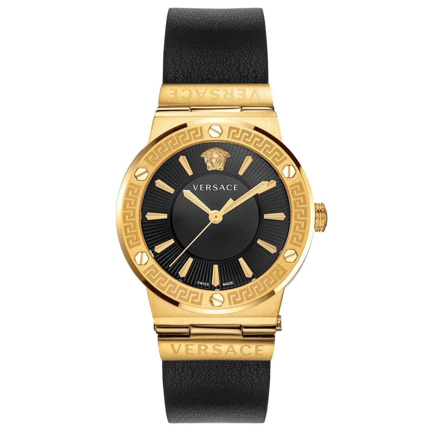 Versace Ladies Watch Greca Logo Gold Black Leather VEVH00320