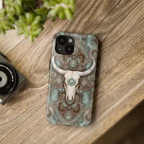 Western Cow Skull and Turquoise print design Phone Case- Lightweight, Impact Resistant Cover for iPhone 6, 6s, 12, 13, 14, 15