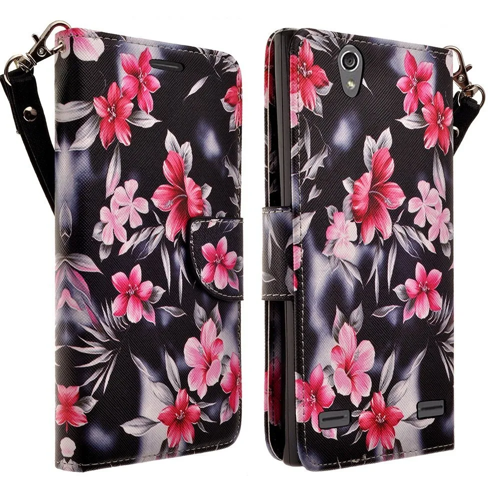 ZTE Lever LTE | Z936L Case, Slim Wrist Strap Magnetic Flip Wallet Kickstand Cover - Pink Orchids