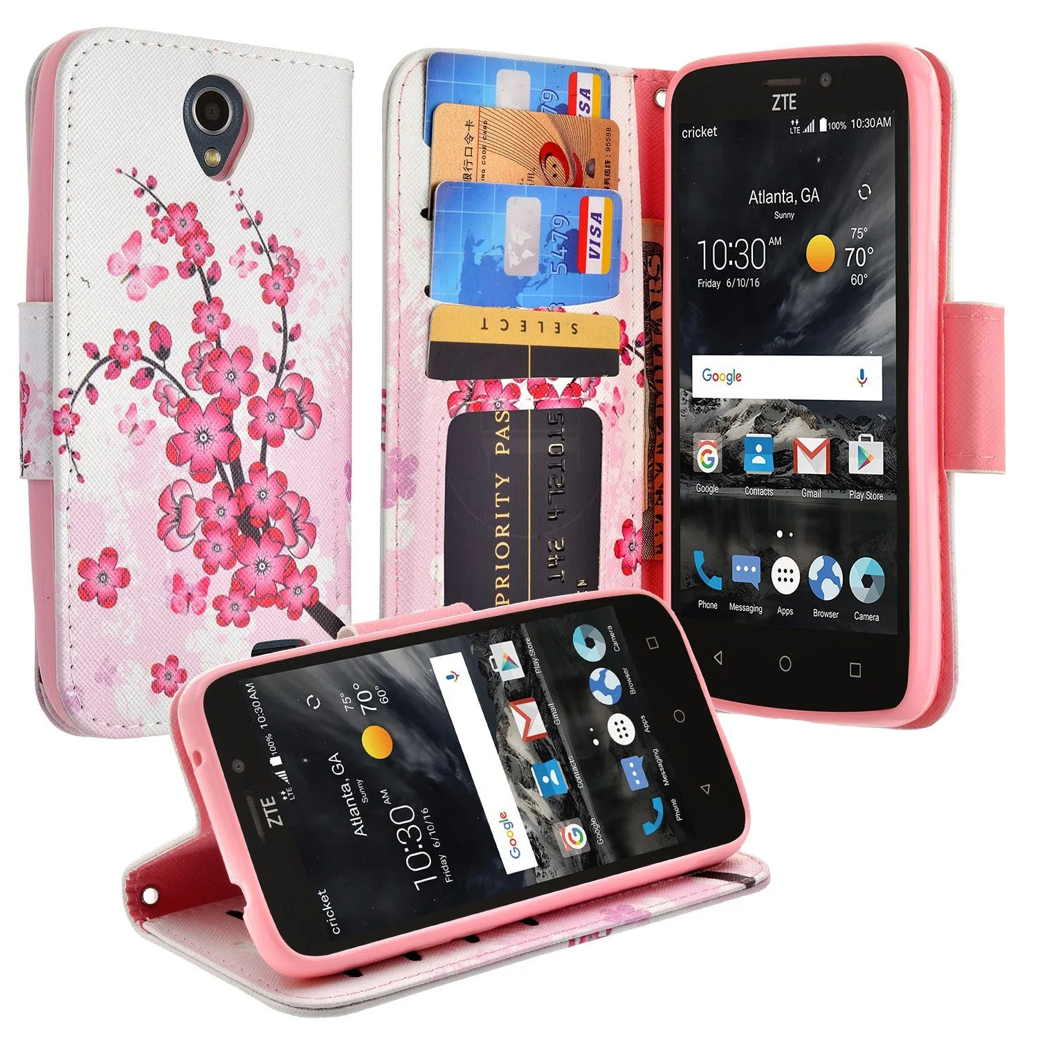 ZTE Prestige 2, Overture 3, Maven 3, Prelude Plus, ZTE 9136, Midnight Pro, Leather Magnetic Flip Fold[Kickstand] Wrist Strap Wallet Case with Card Slots - Cherry Blossom