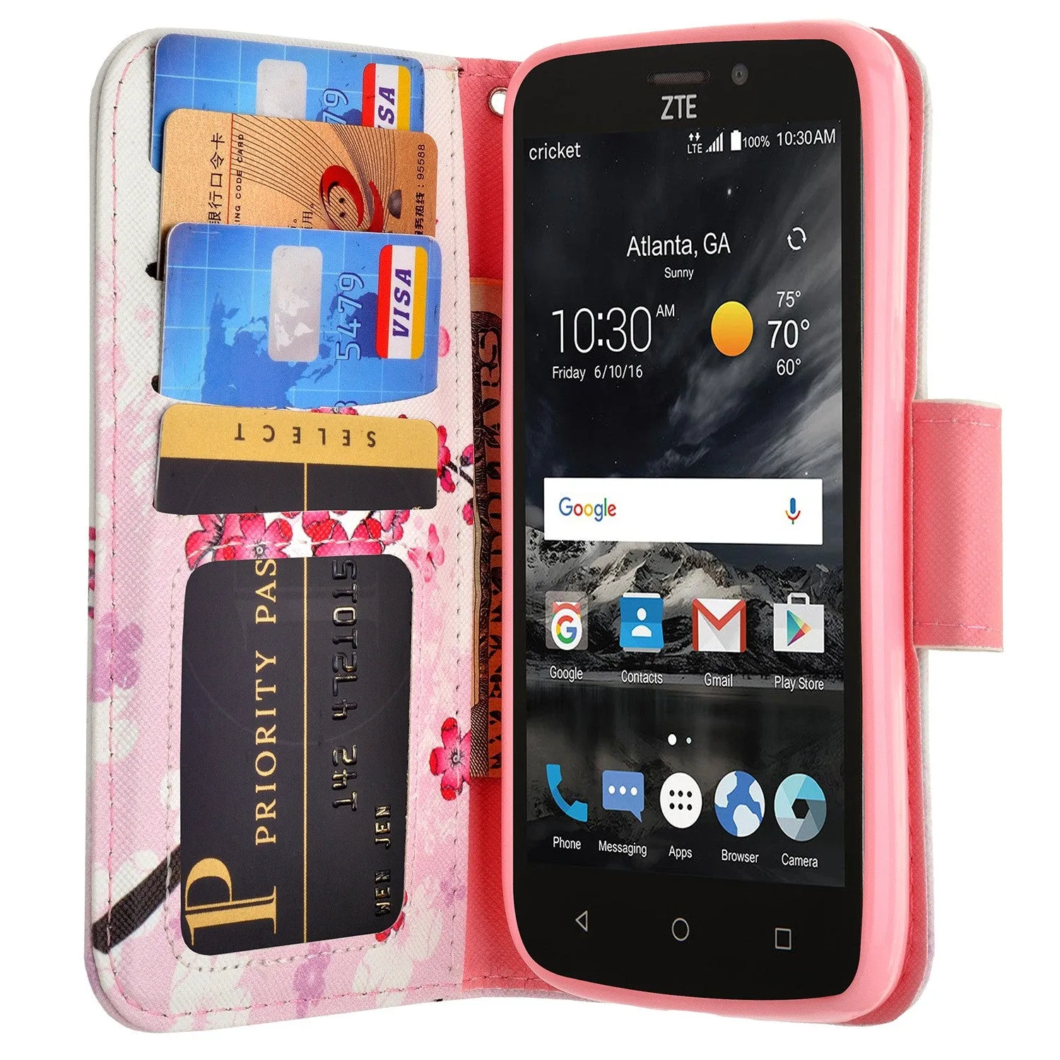 ZTE Prestige 2, Overture 3, Maven 3, Prelude Plus, ZTE 9136, Midnight Pro, Leather Magnetic Flip Fold[Kickstand] Wrist Strap Wallet Case with Card Slots - Cherry Blossom