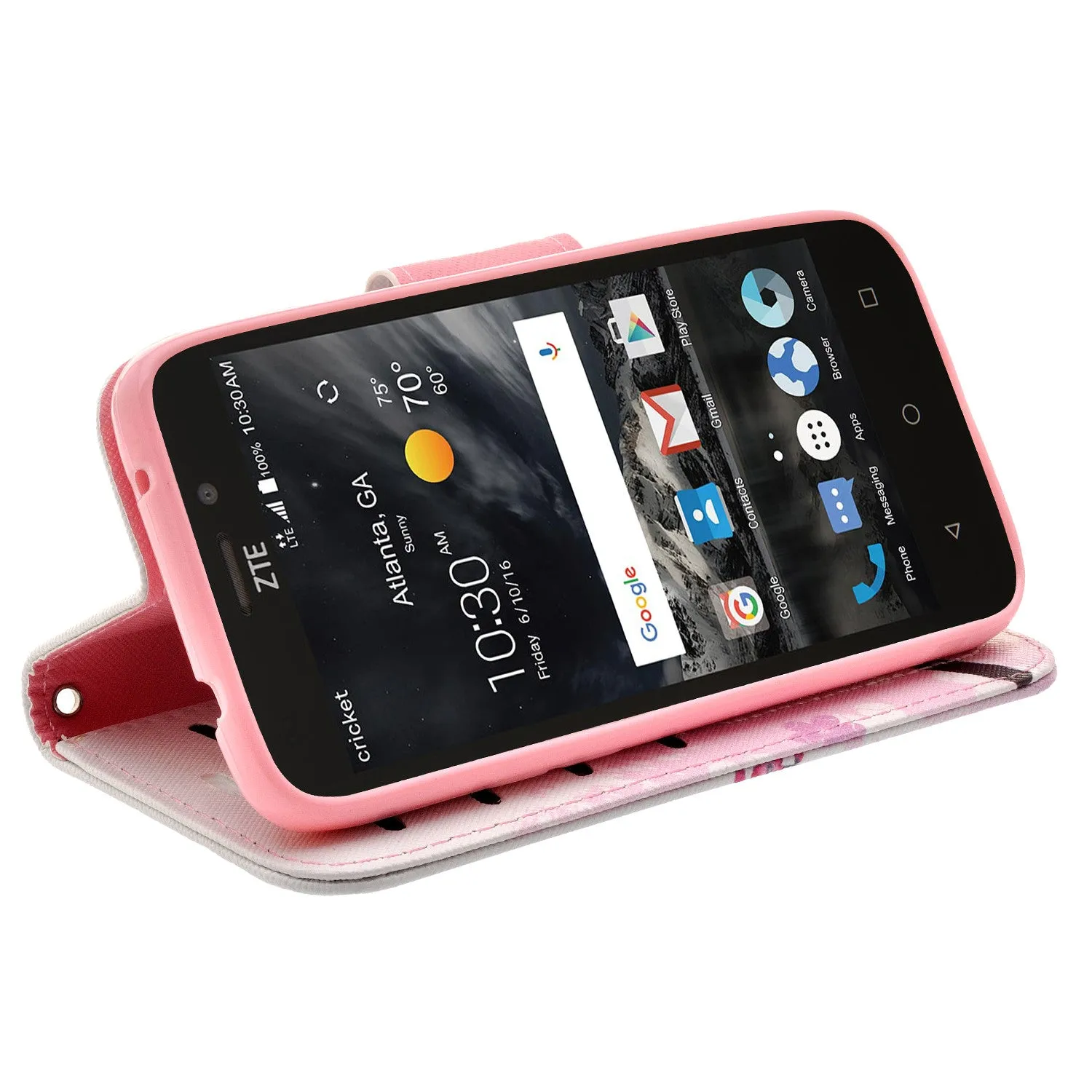 ZTE Prestige 2, Overture 3, Maven 3, Prelude Plus, ZTE 9136, Midnight Pro, Leather Magnetic Flip Fold[Kickstand] Wrist Strap Wallet Case with Card Slots - Cherry Blossom