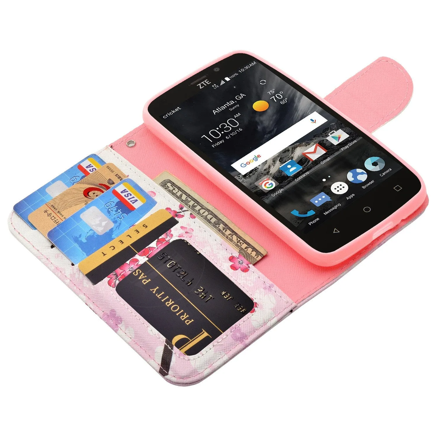 ZTE Prestige 2, Overture 3, Maven 3, Prelude Plus, ZTE 9136, Midnight Pro, Leather Magnetic Flip Fold[Kickstand] Wrist Strap Wallet Case with Card Slots - Cherry Blossom